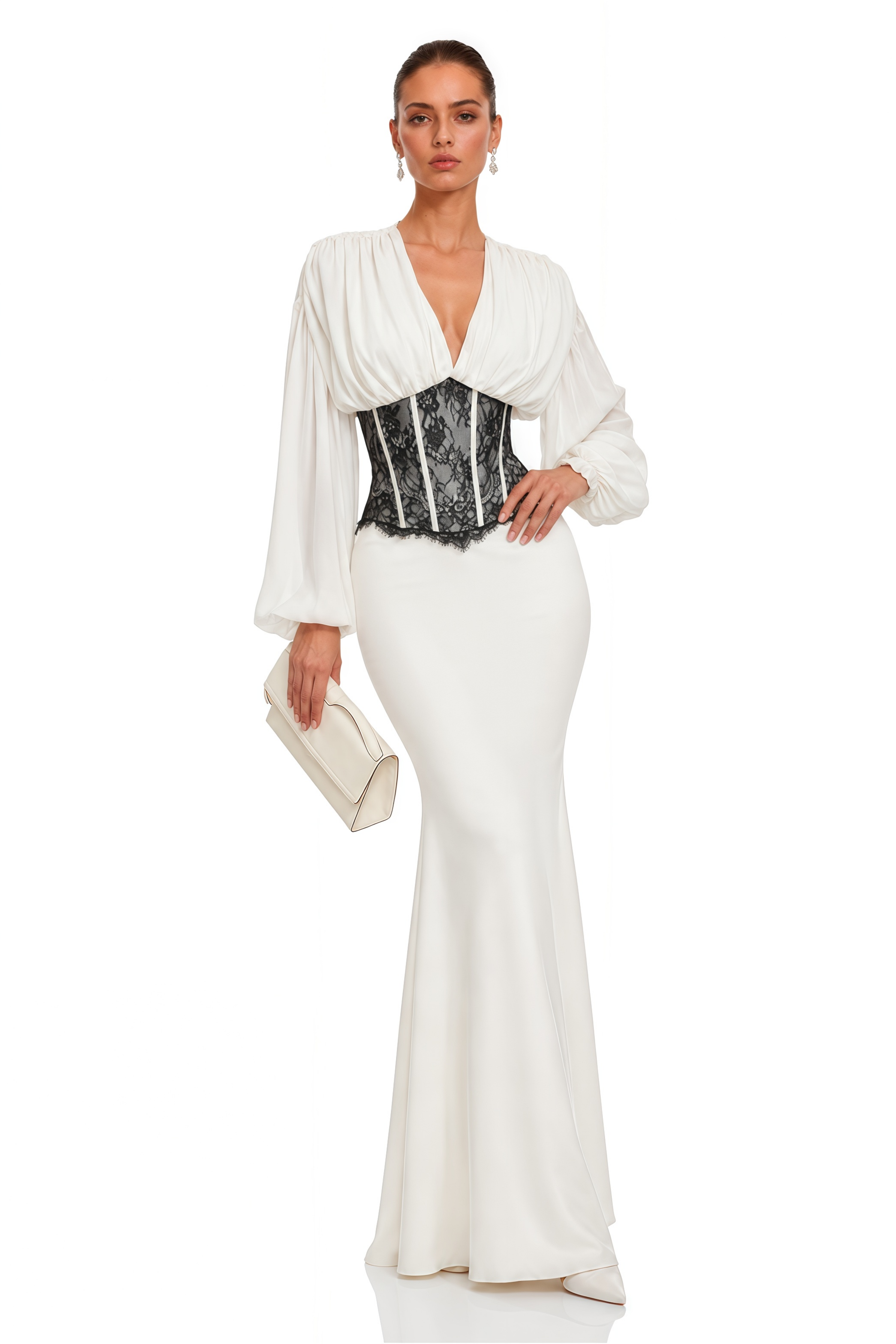Marcelline White Corset Waist Long Sleeve Maxi Dress