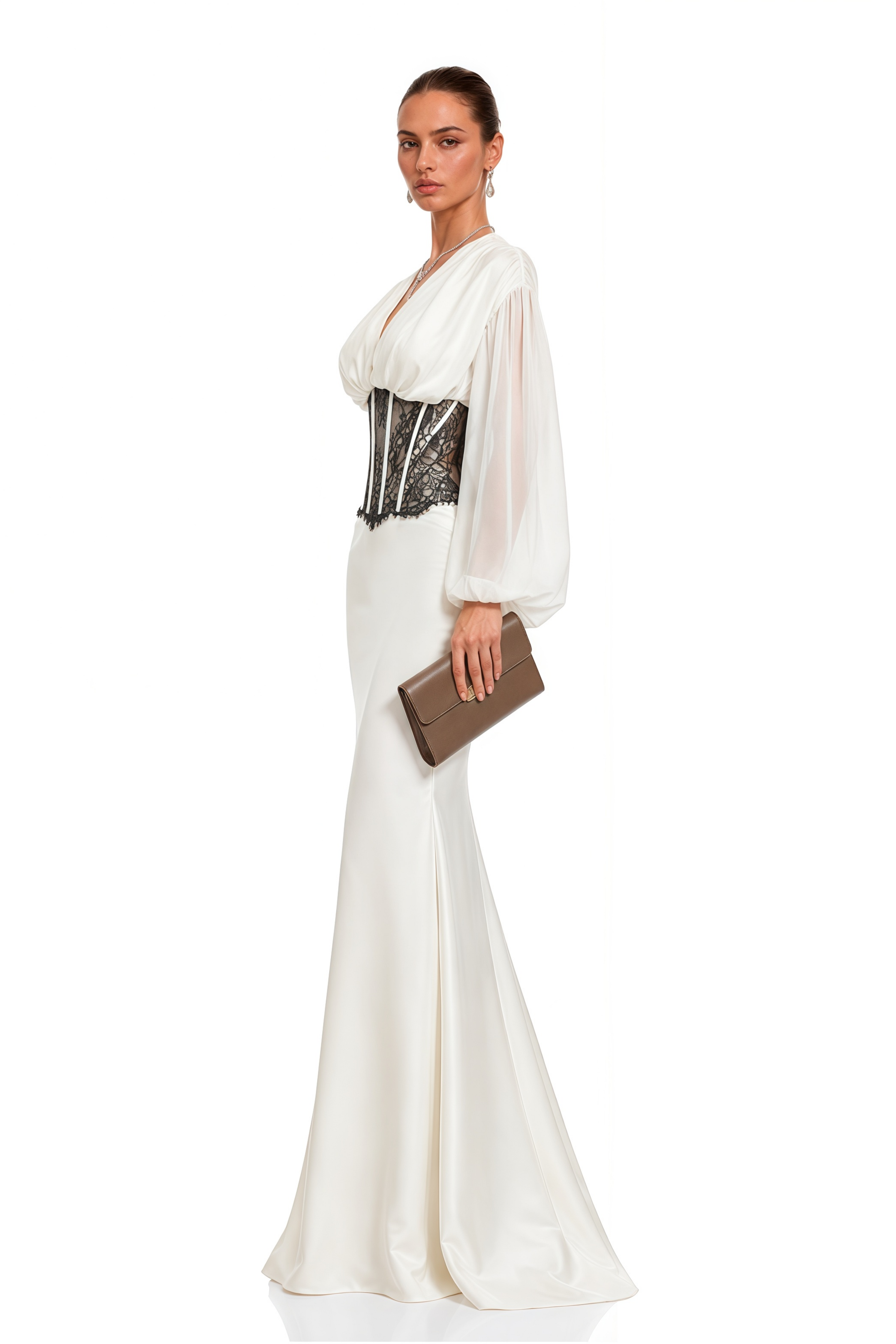 Marcelline White Corset Waist Long Sleeve Maxi Dress