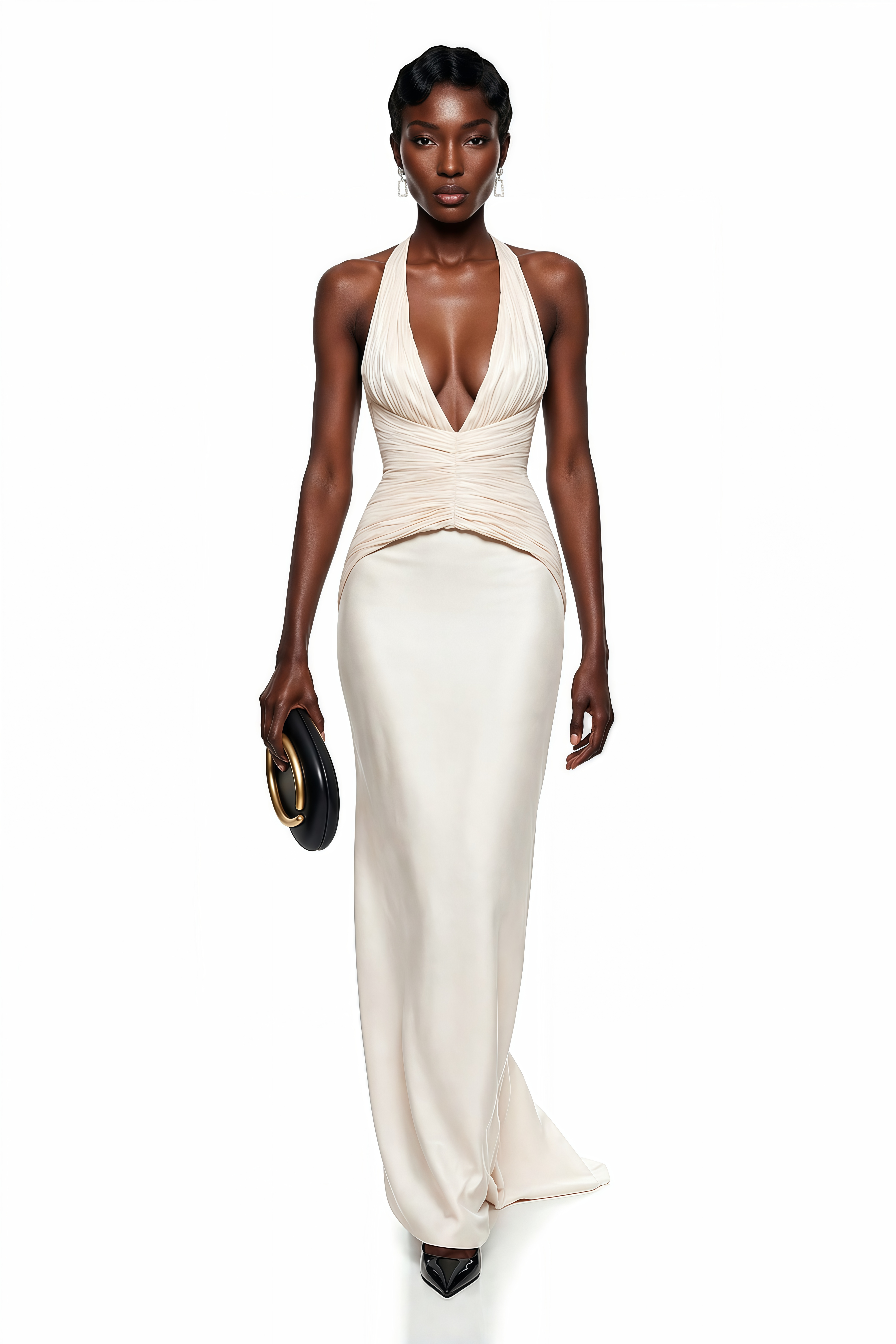 Ivory halter gown with a pleated V-neck bodice