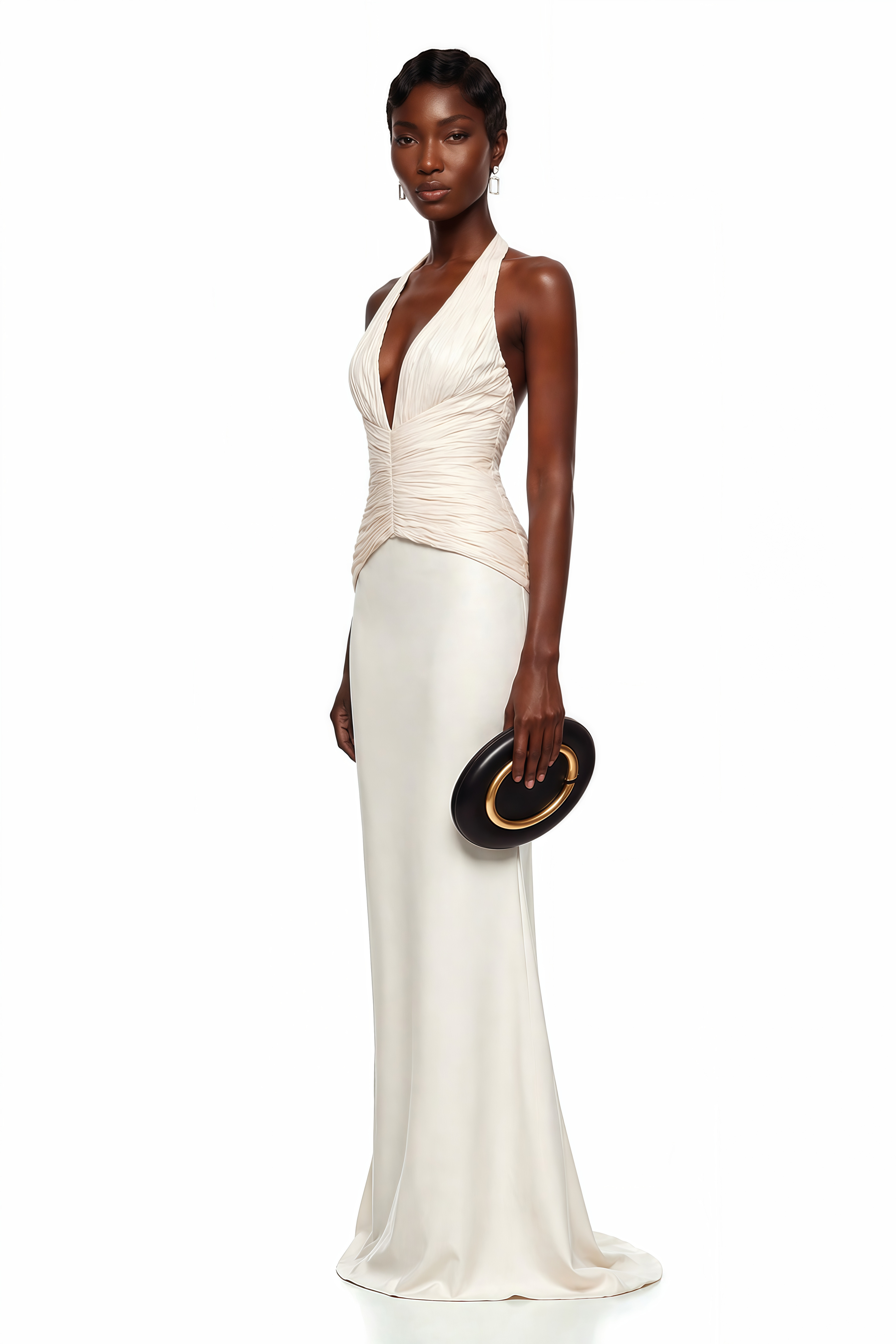 Ivory halter gown with a pleated V-neck bodice