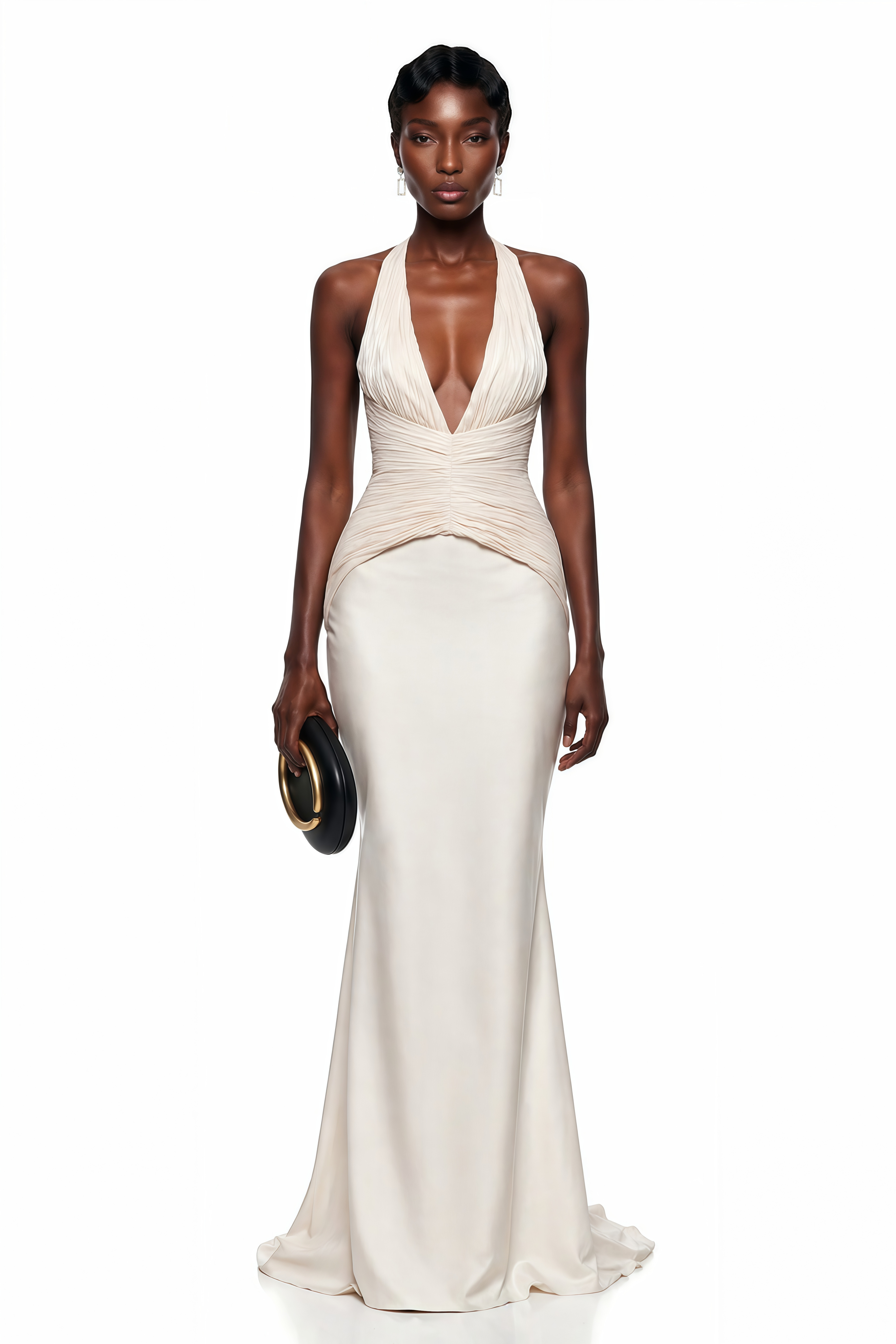 Ivory halter gown with a pleated V-neck bodice