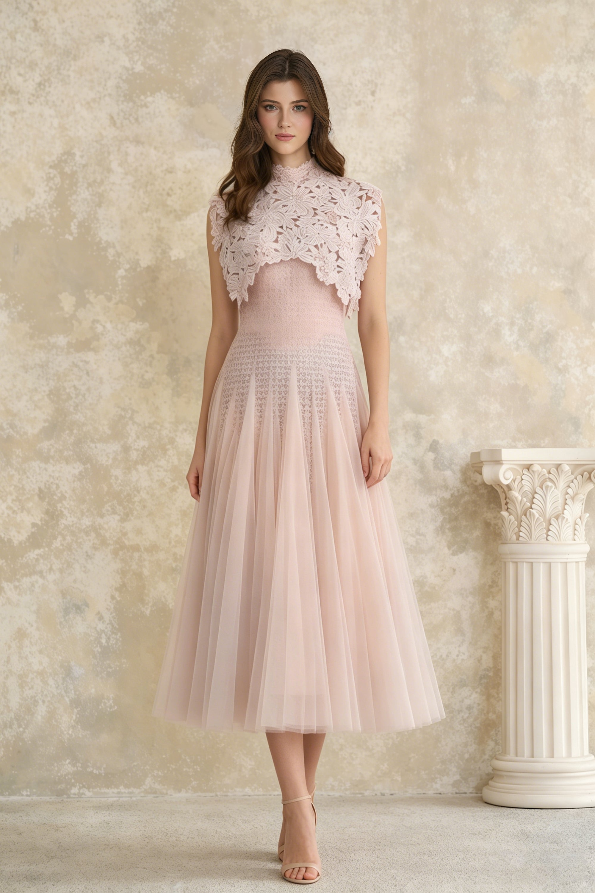Pink Floral Crochet Midi Dress