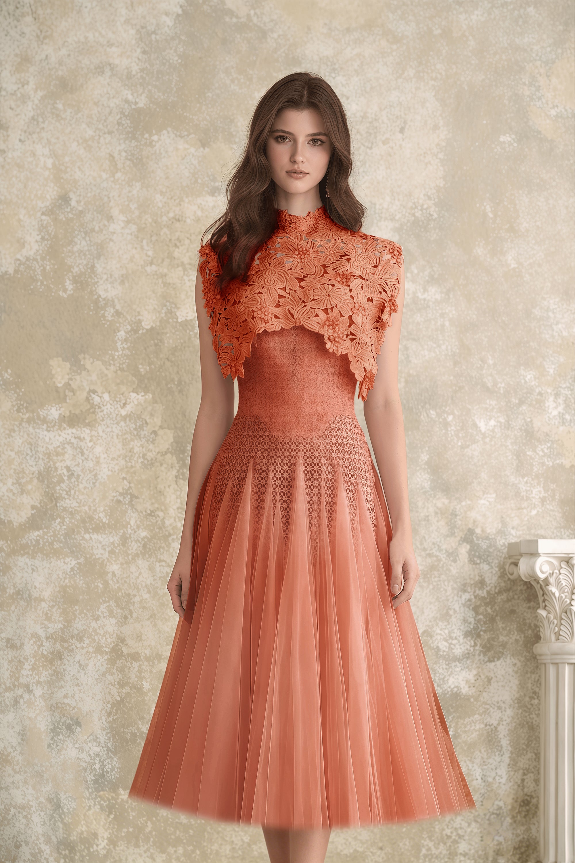 Orange Floral Crochet Midi Dress