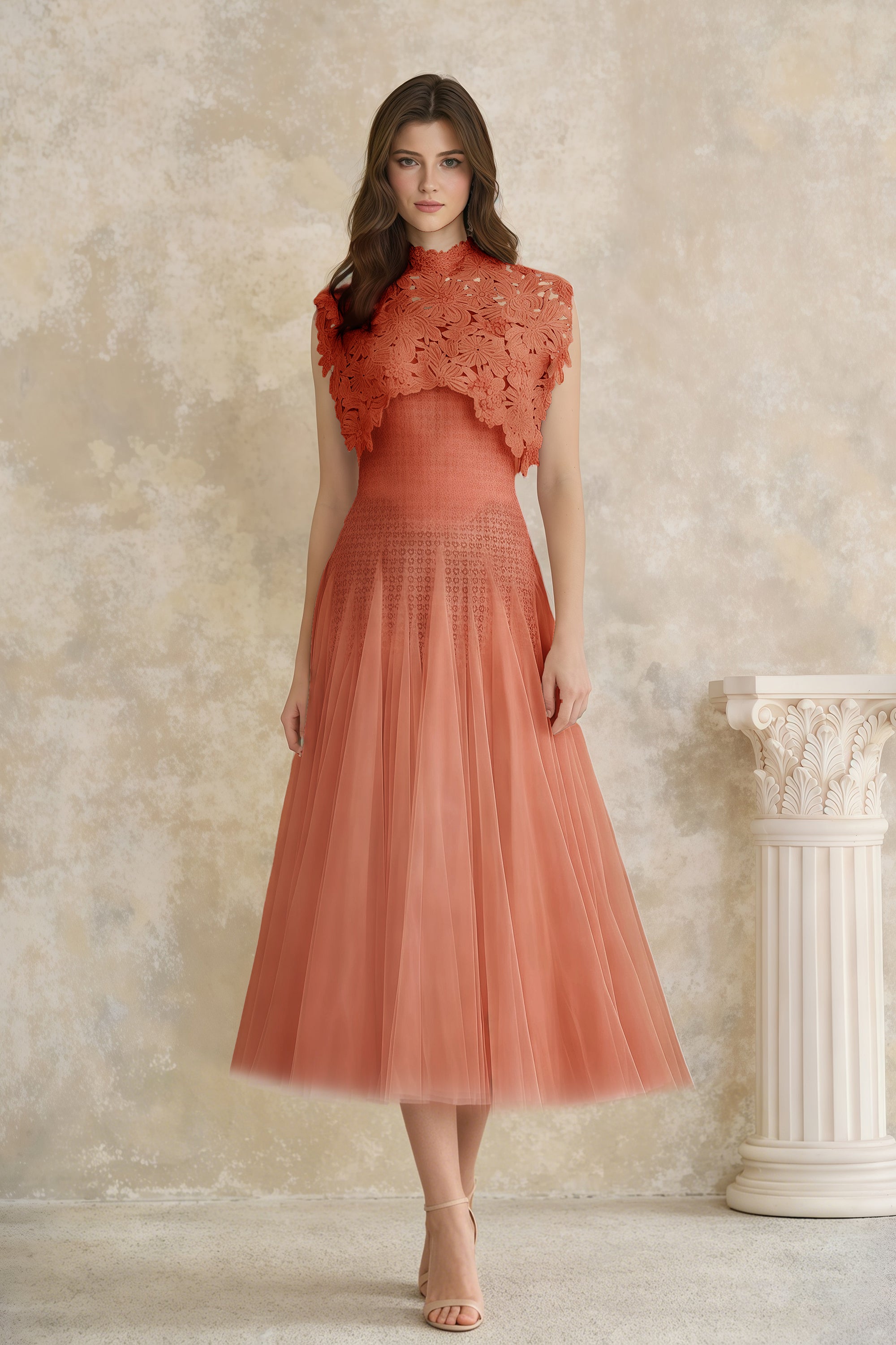 Orange Floral Crochet Midi Dress
