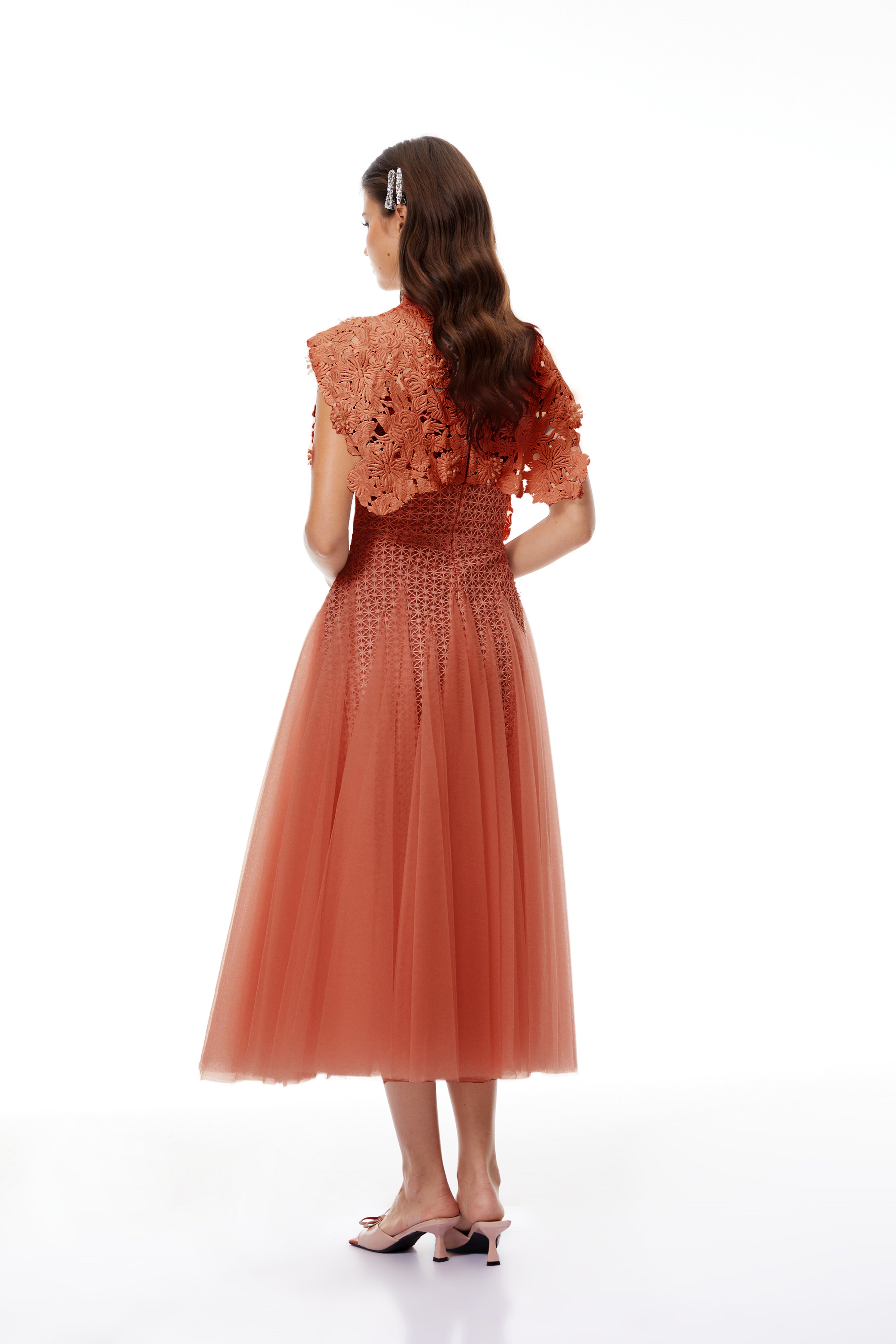 Orange Floral Crochet Midi Dress