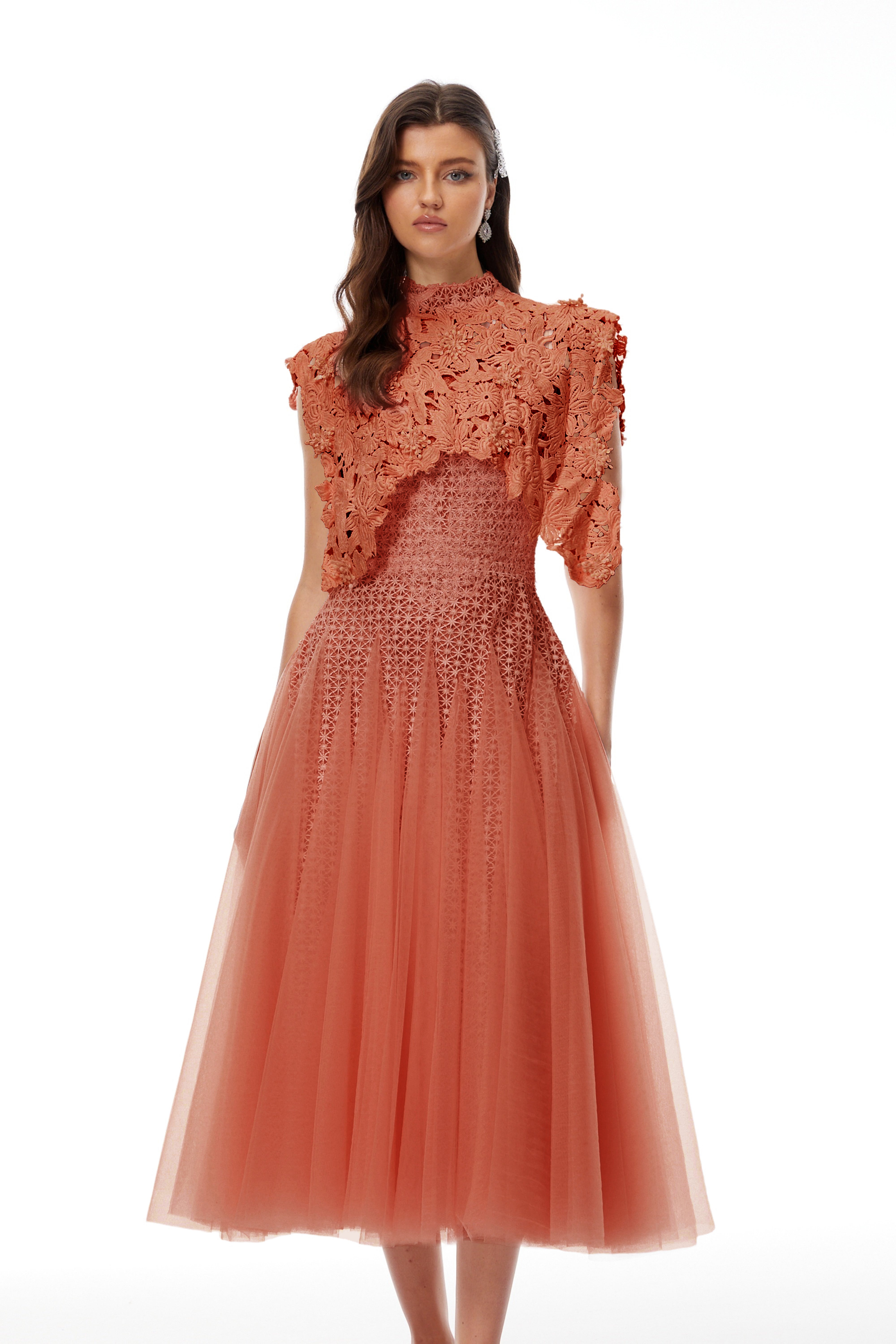 Orange Floral Crochet Midi Dress