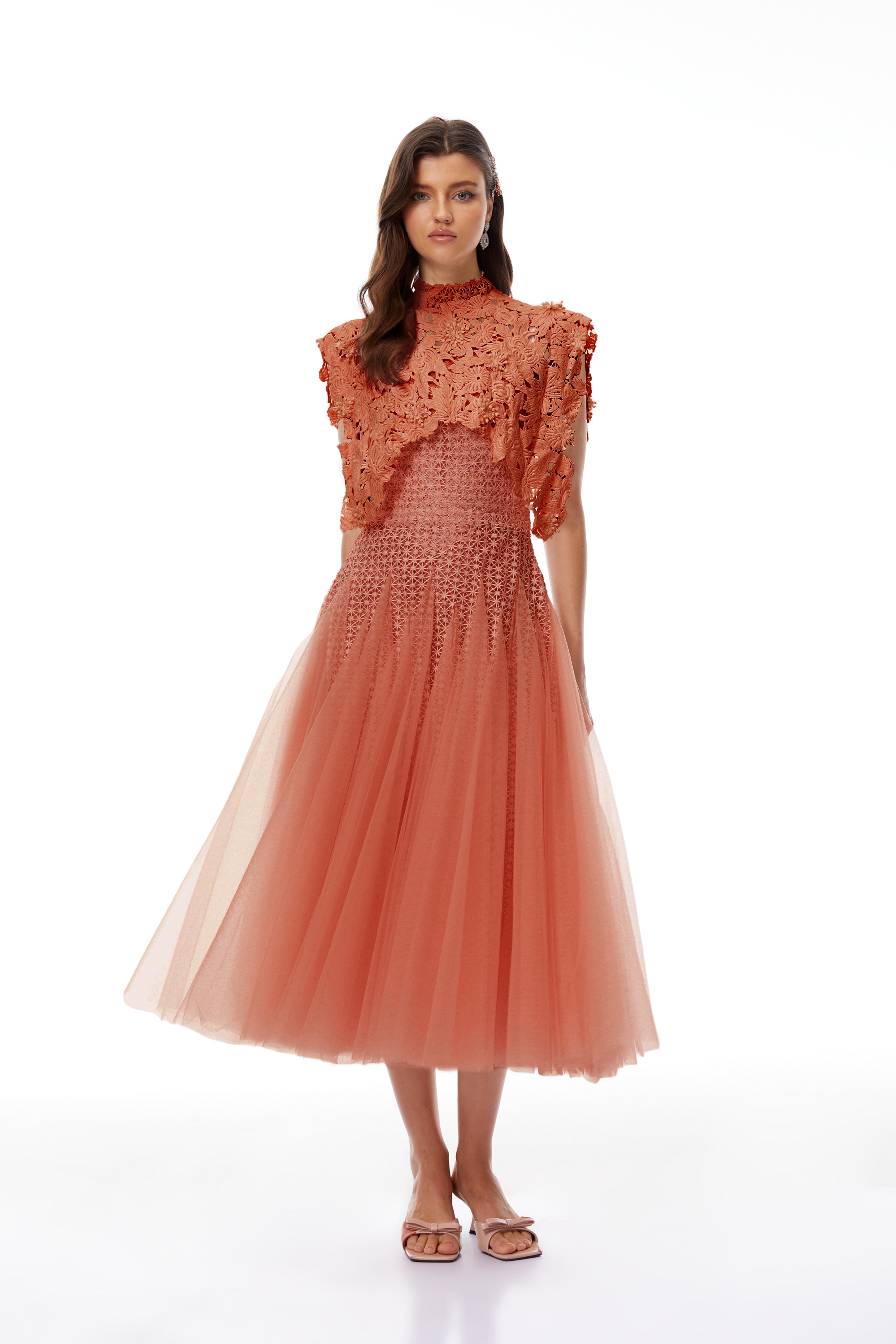 Orange Floral Crochet Midi Dress