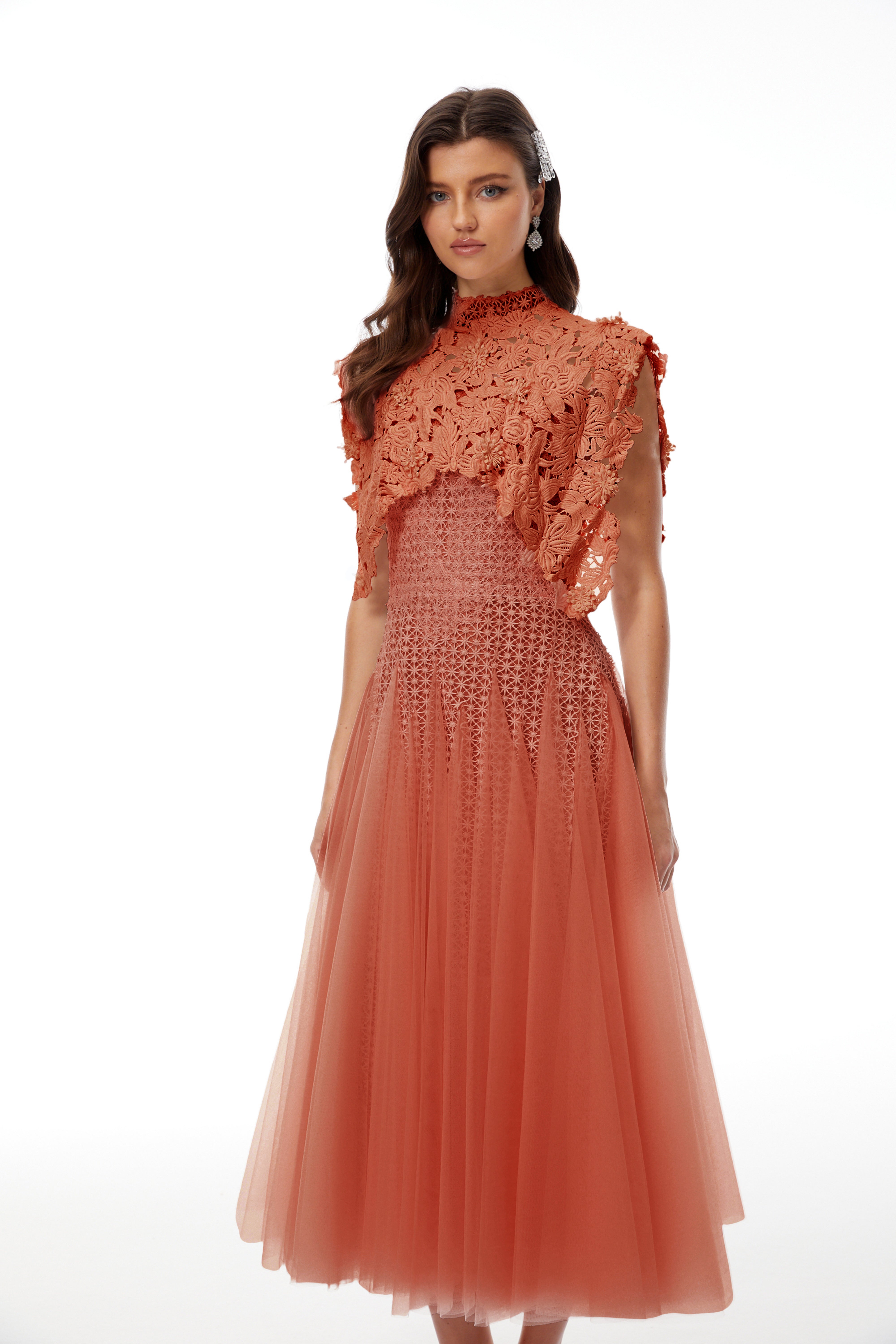 Orange Floral Crochet Midi Dress