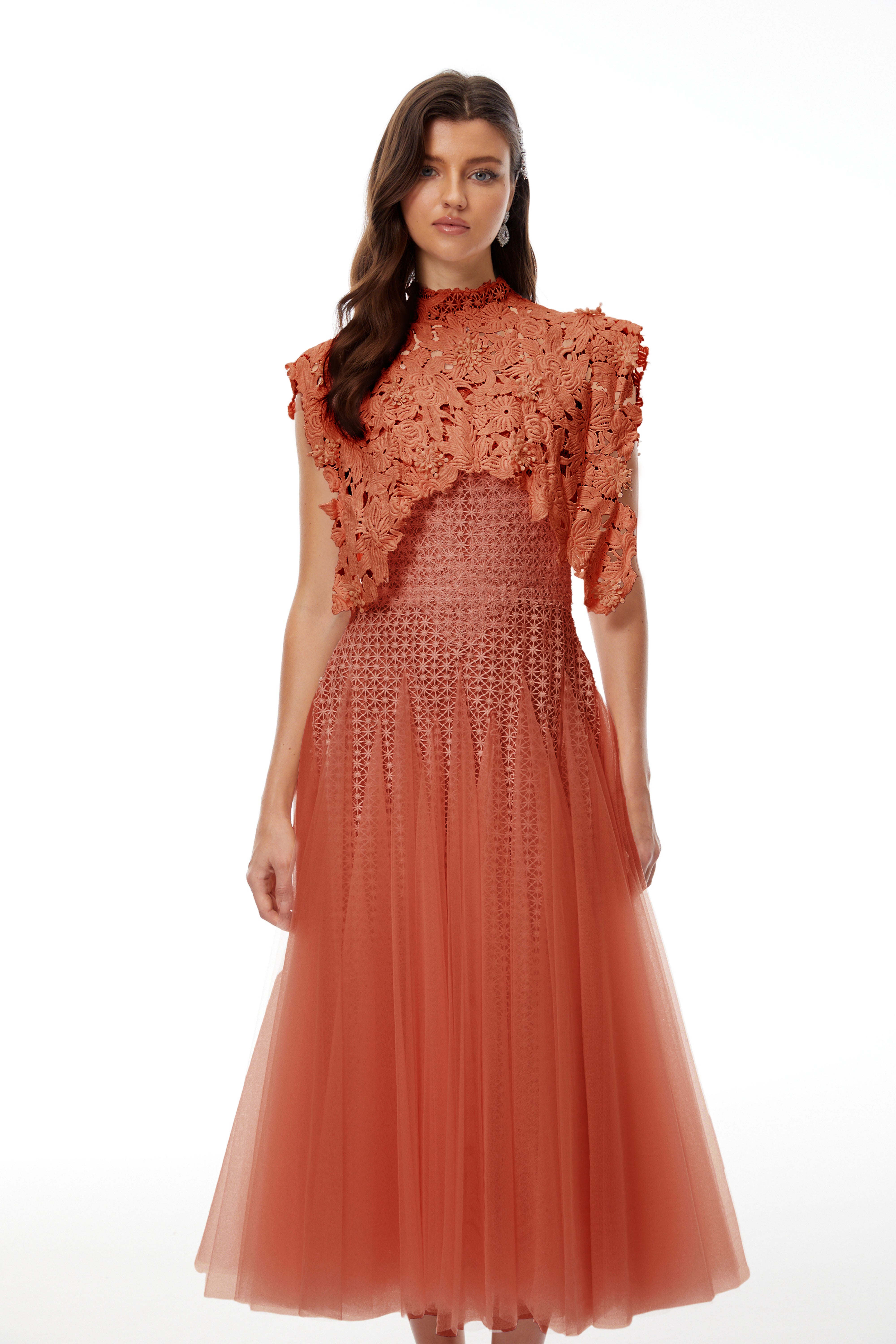 Orange Floral Crochet Midi Dress