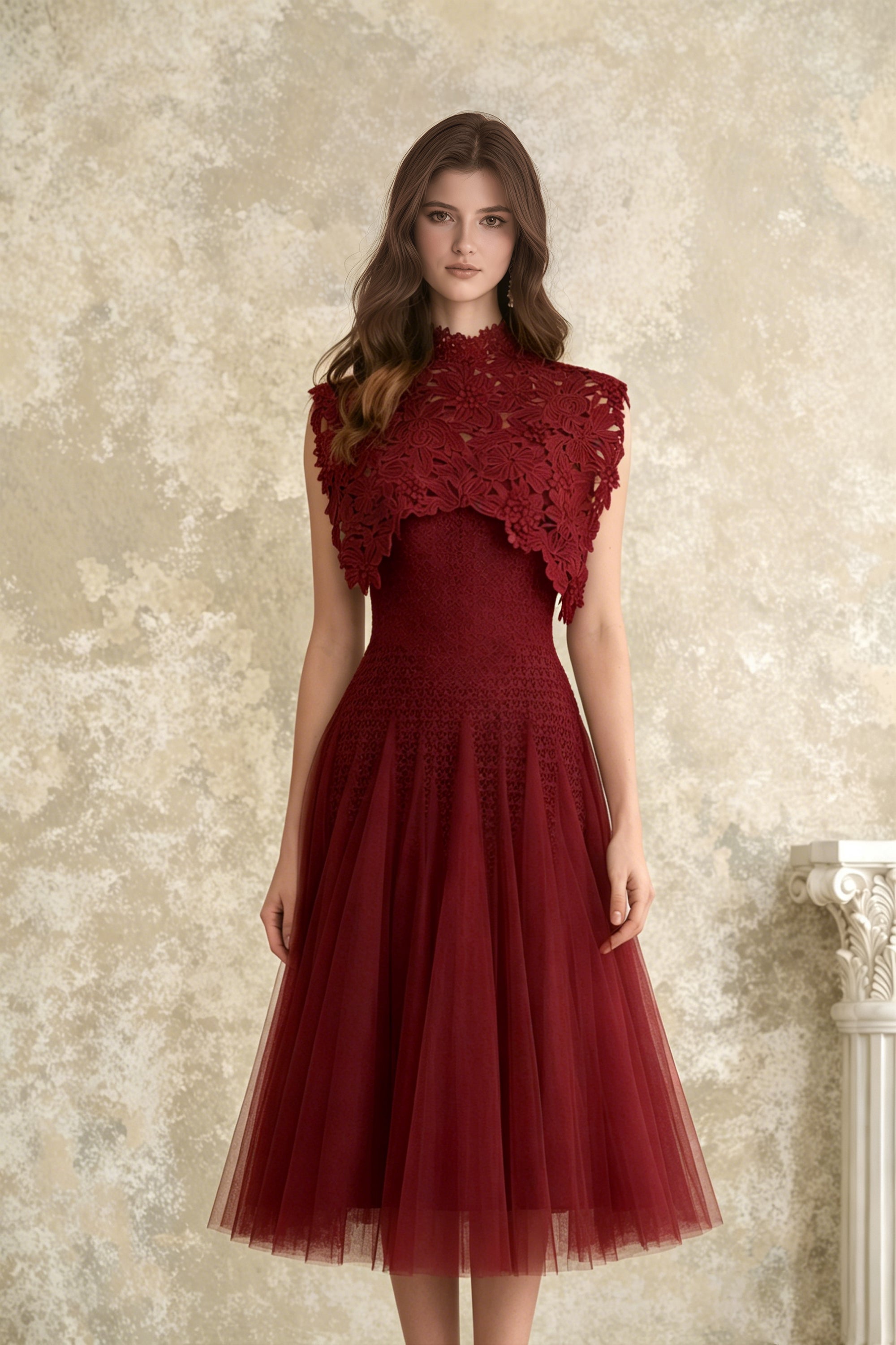Red Floral Crochet Midi Dress