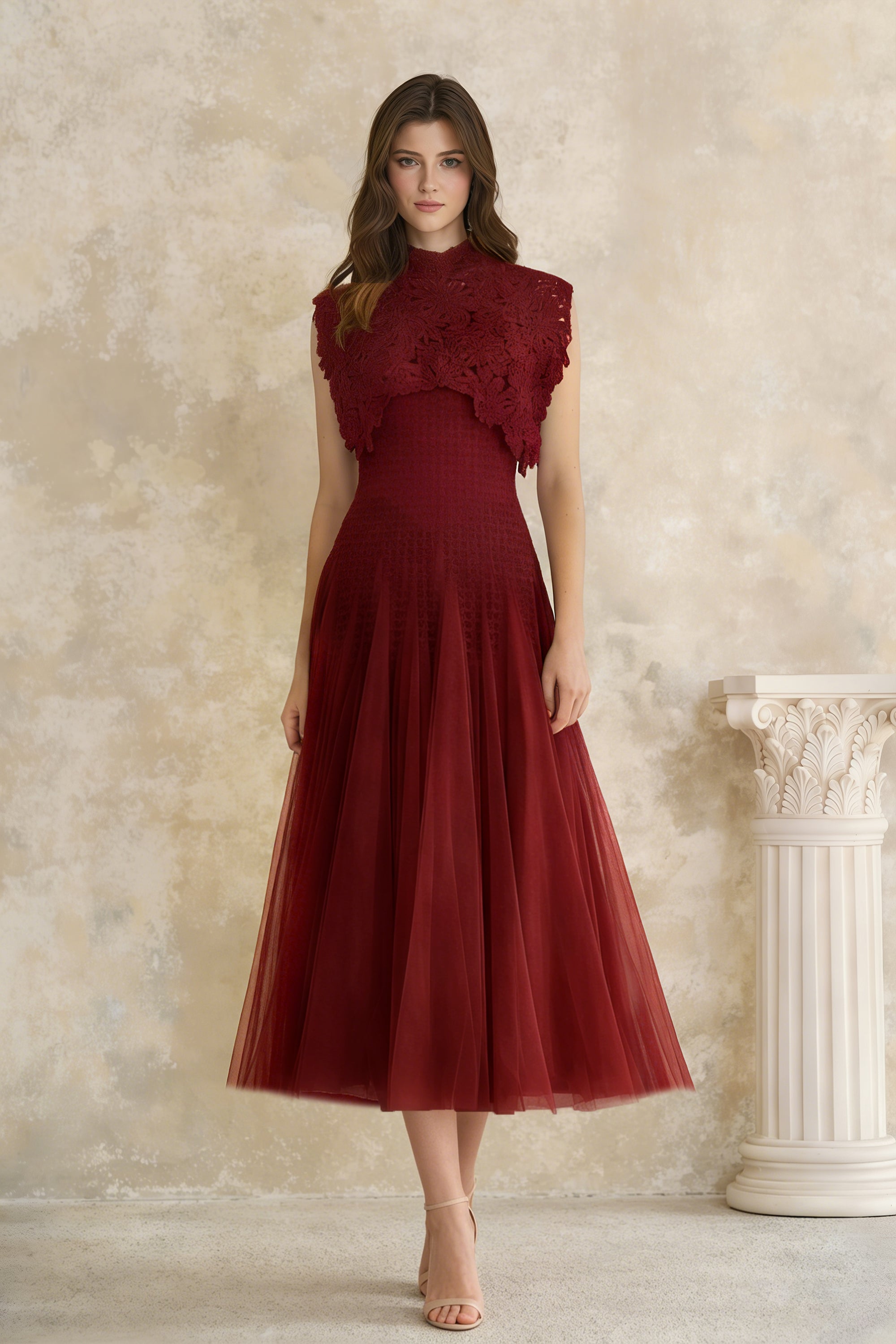 Red Floral Crochet Midi Dress