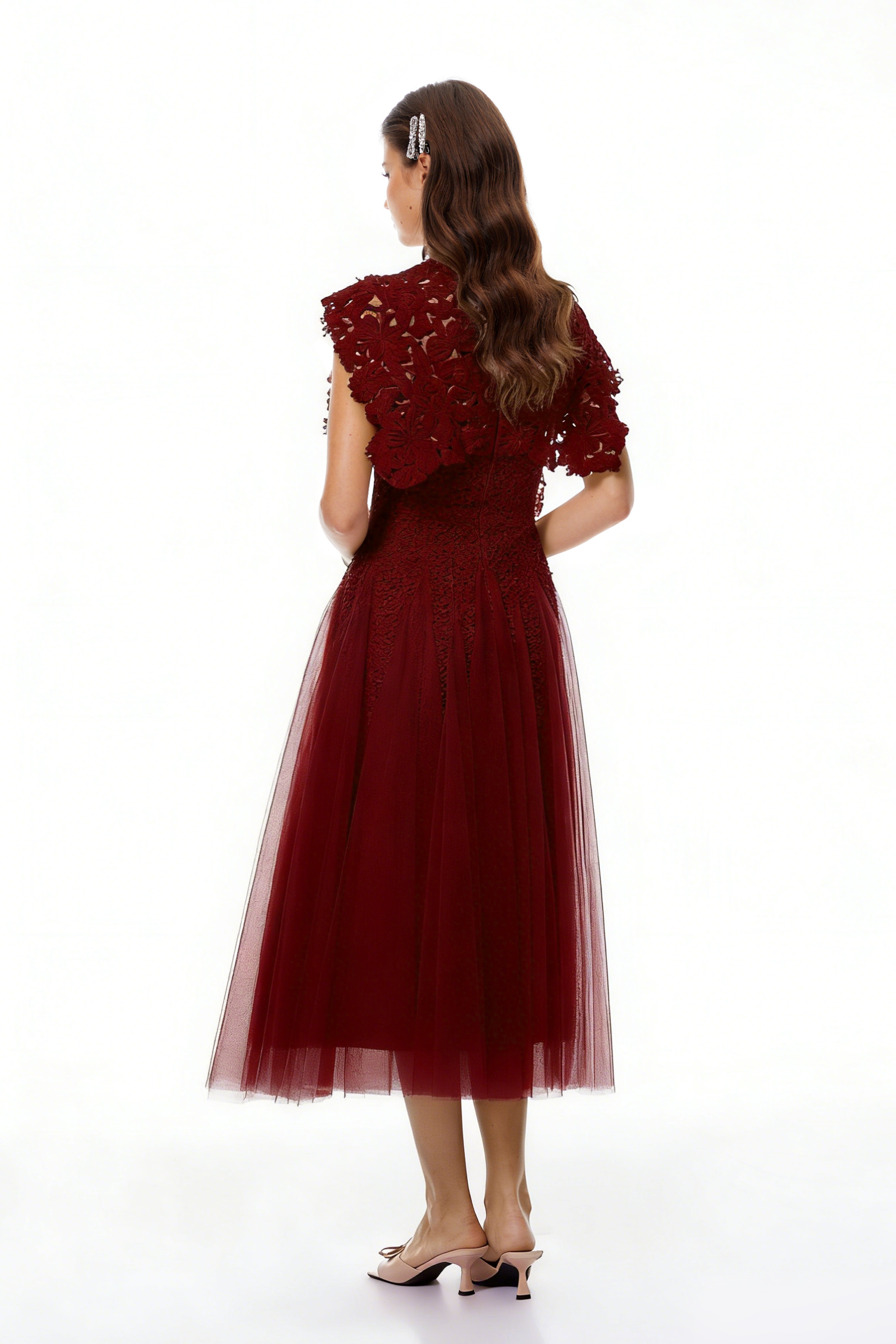 Red Floral Crochet Midi Dress