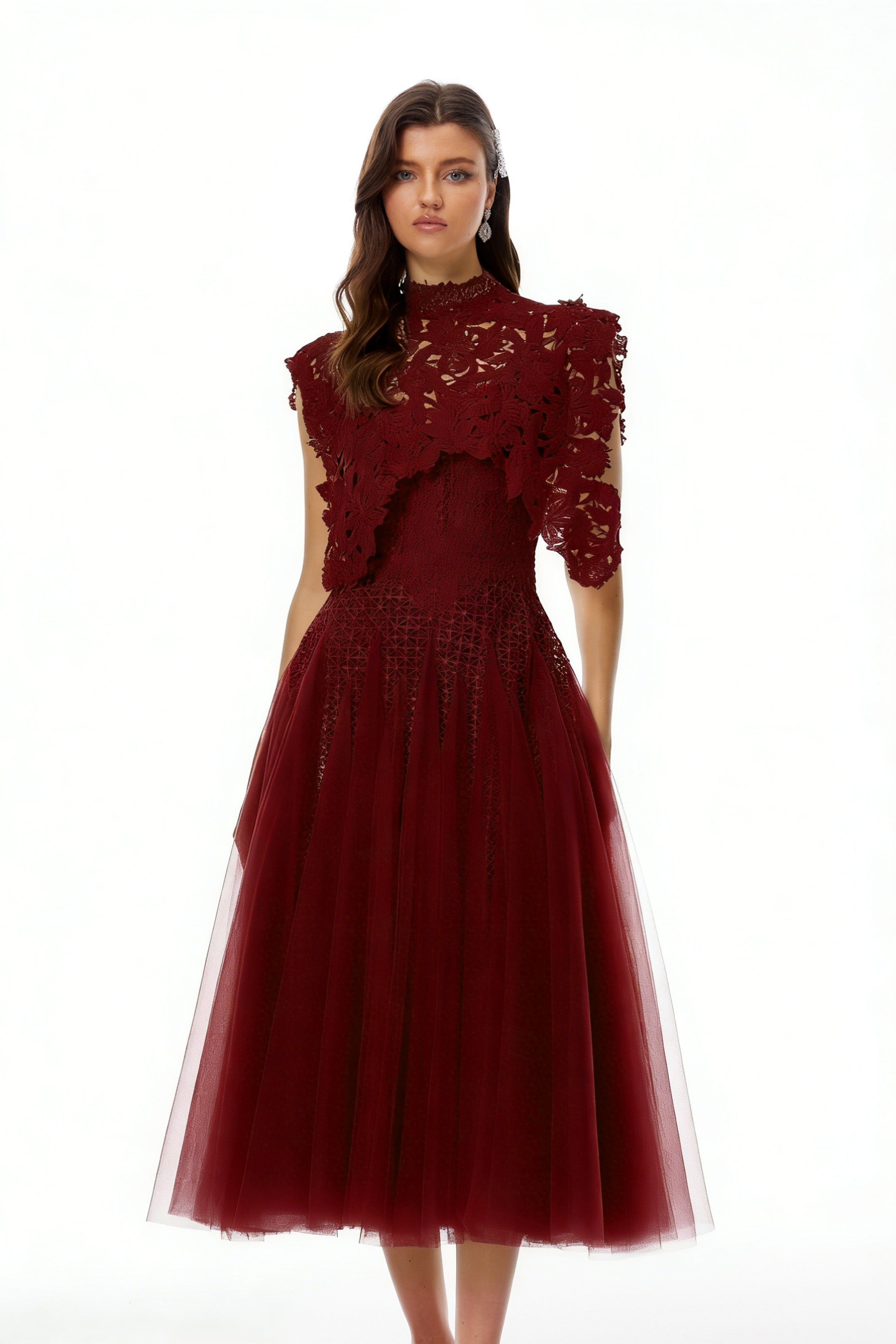 Red Floral Crochet Midi Dress