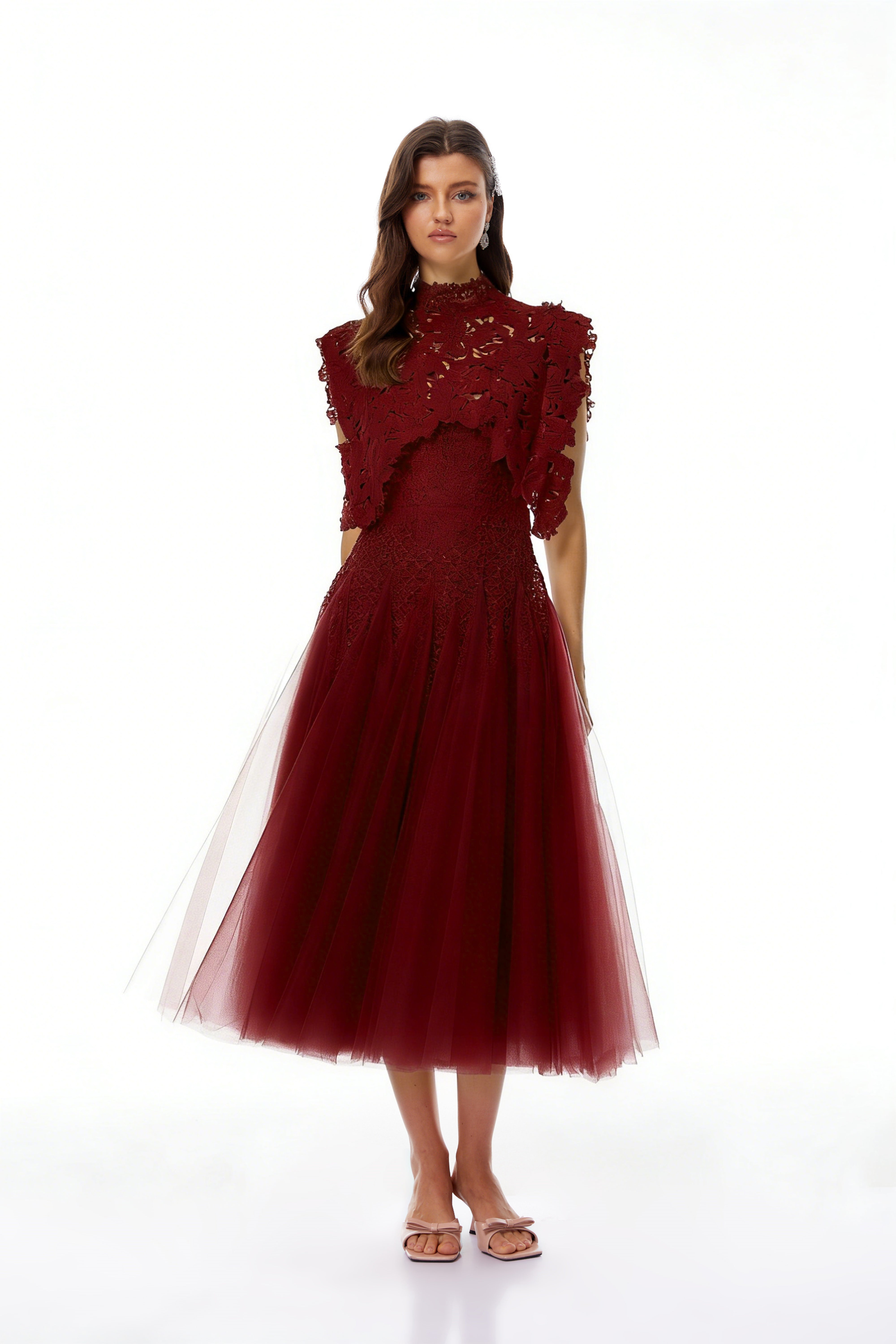 Red Floral Crochet Midi Dress