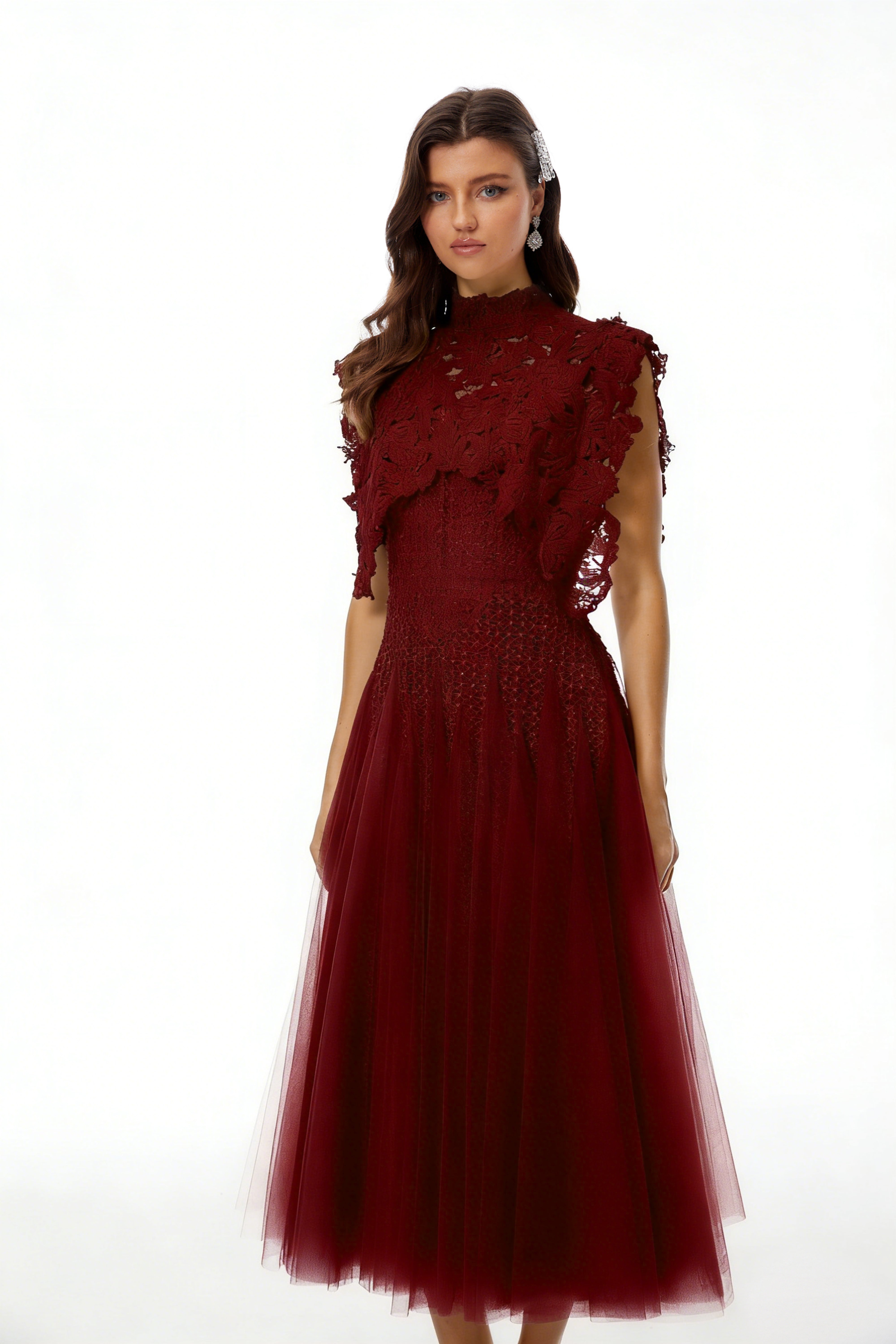 Red Floral Crochet Midi Dress