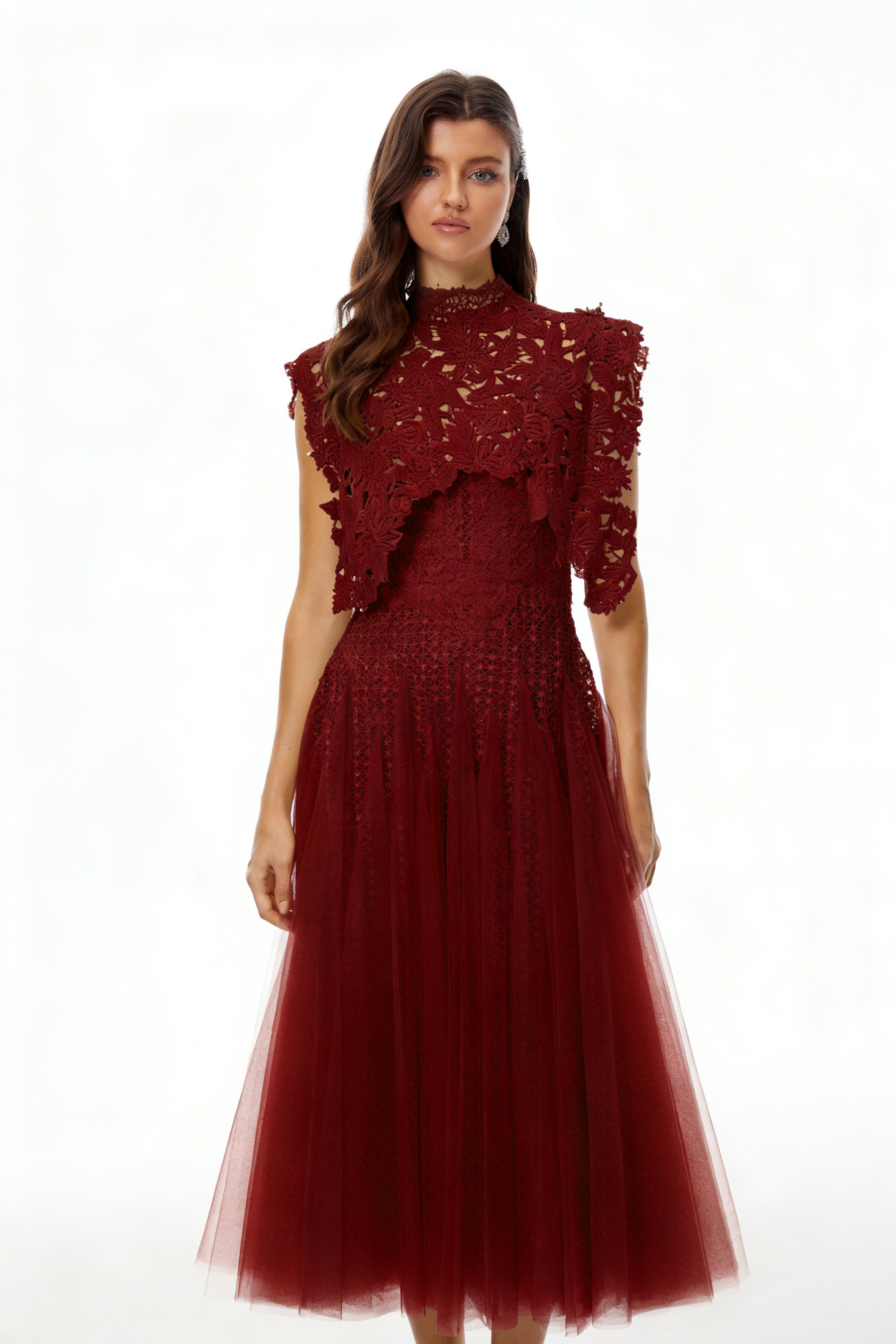 Red Floral Crochet Midi Dress