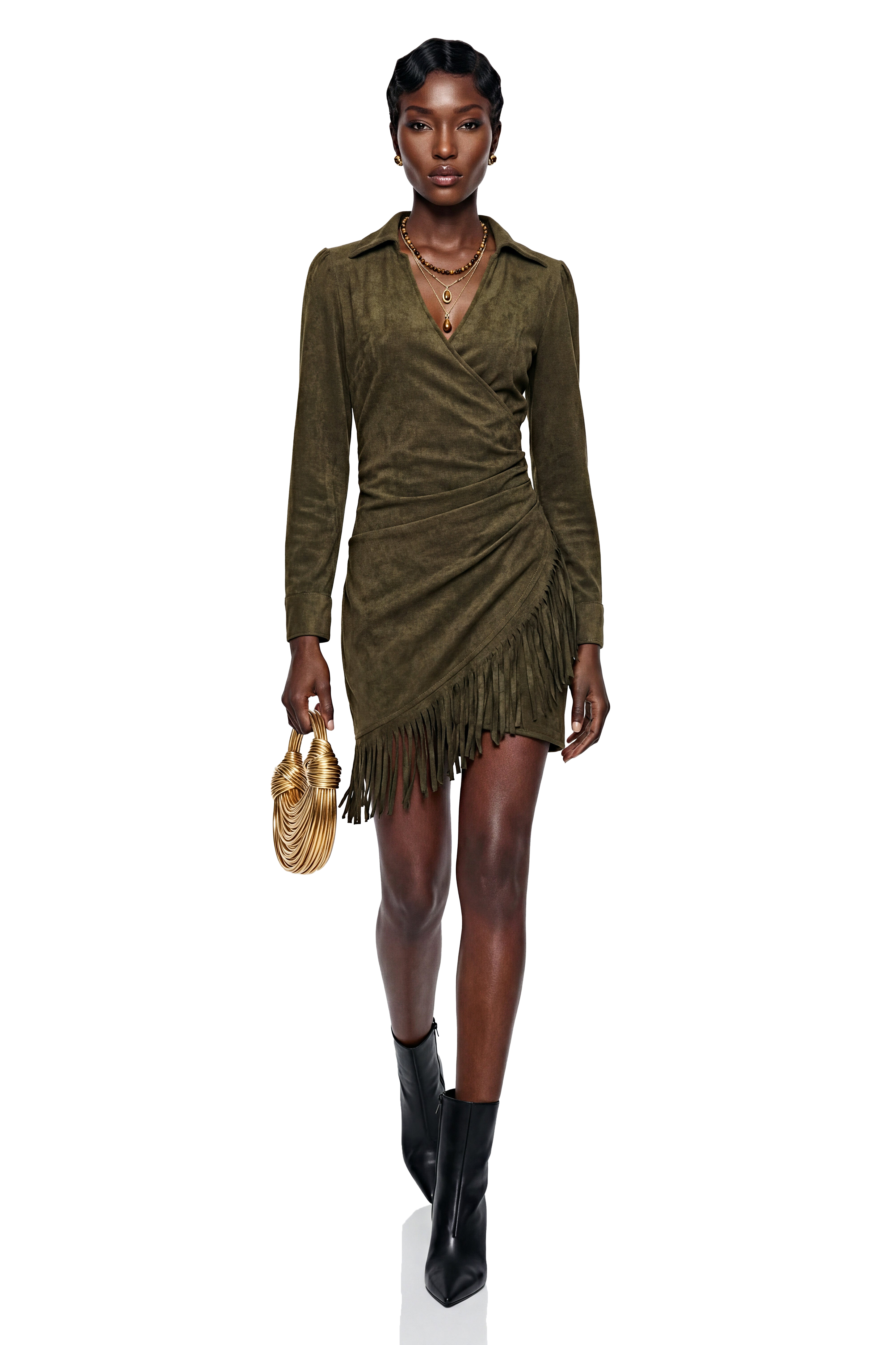 Margarete Green Faux Suede Mini Dress with Fringe