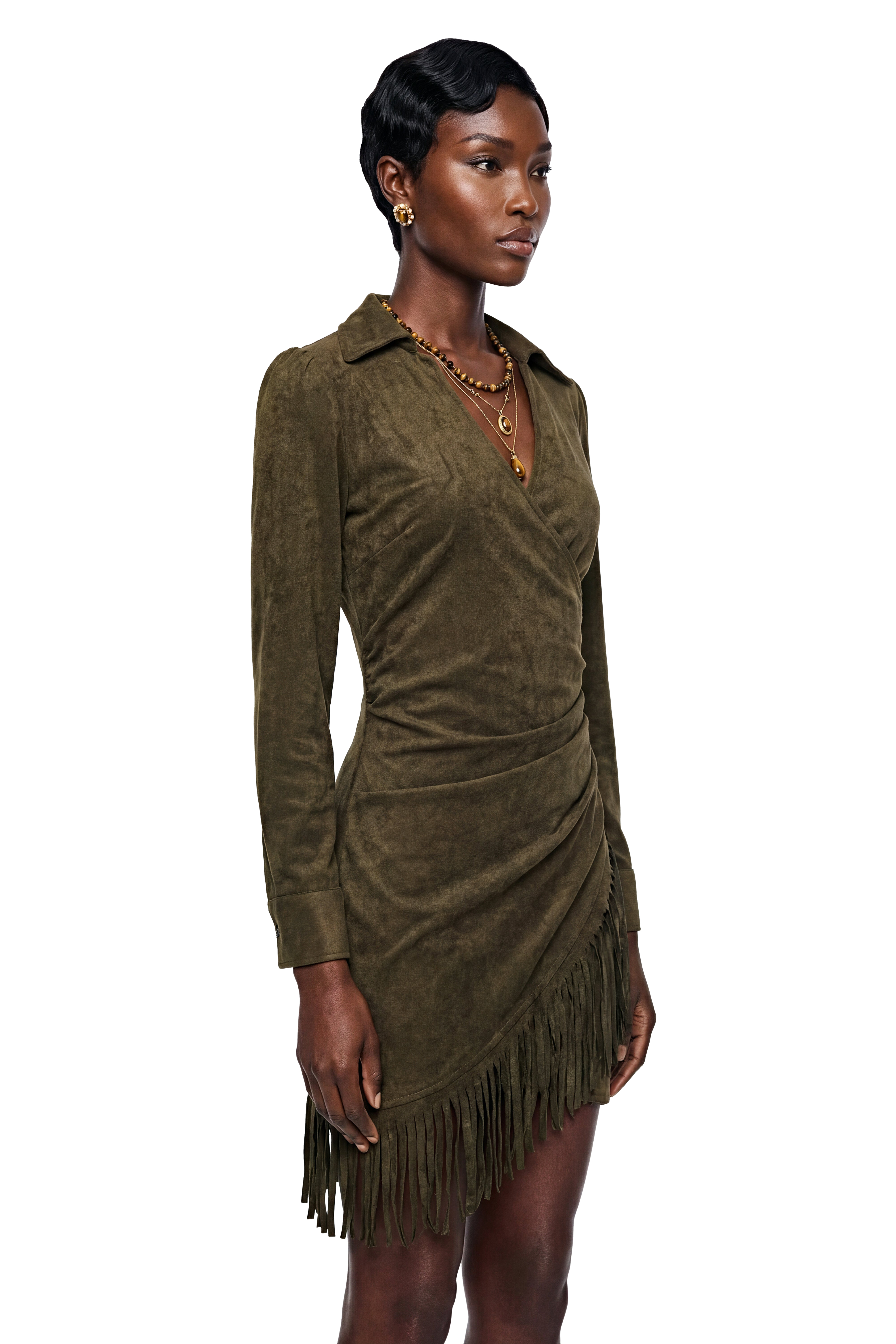 Margarete Green Faux Suede Mini Dress with Fringe