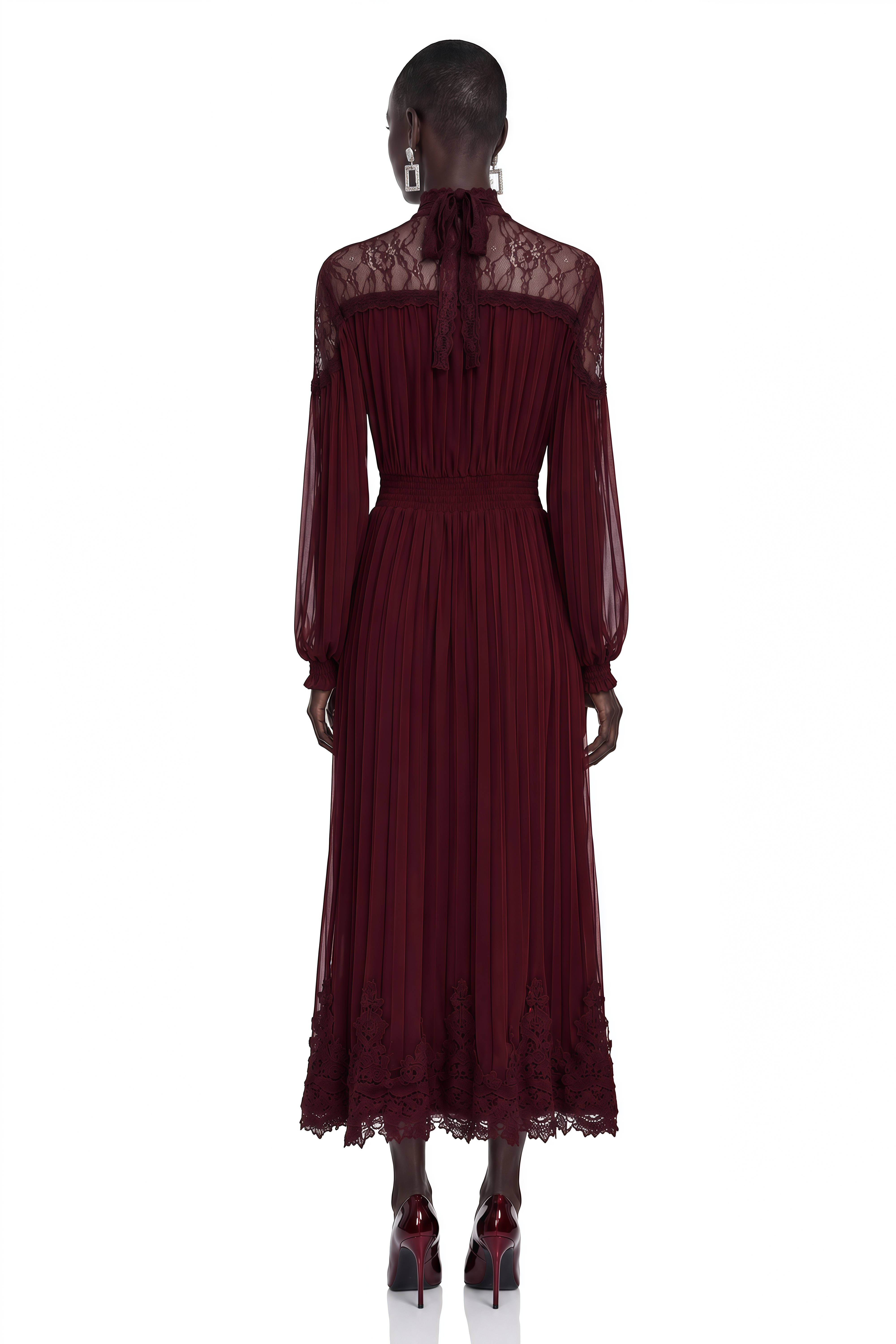 Margot Burgundy Lace-Panel Pleated Maxi Dress