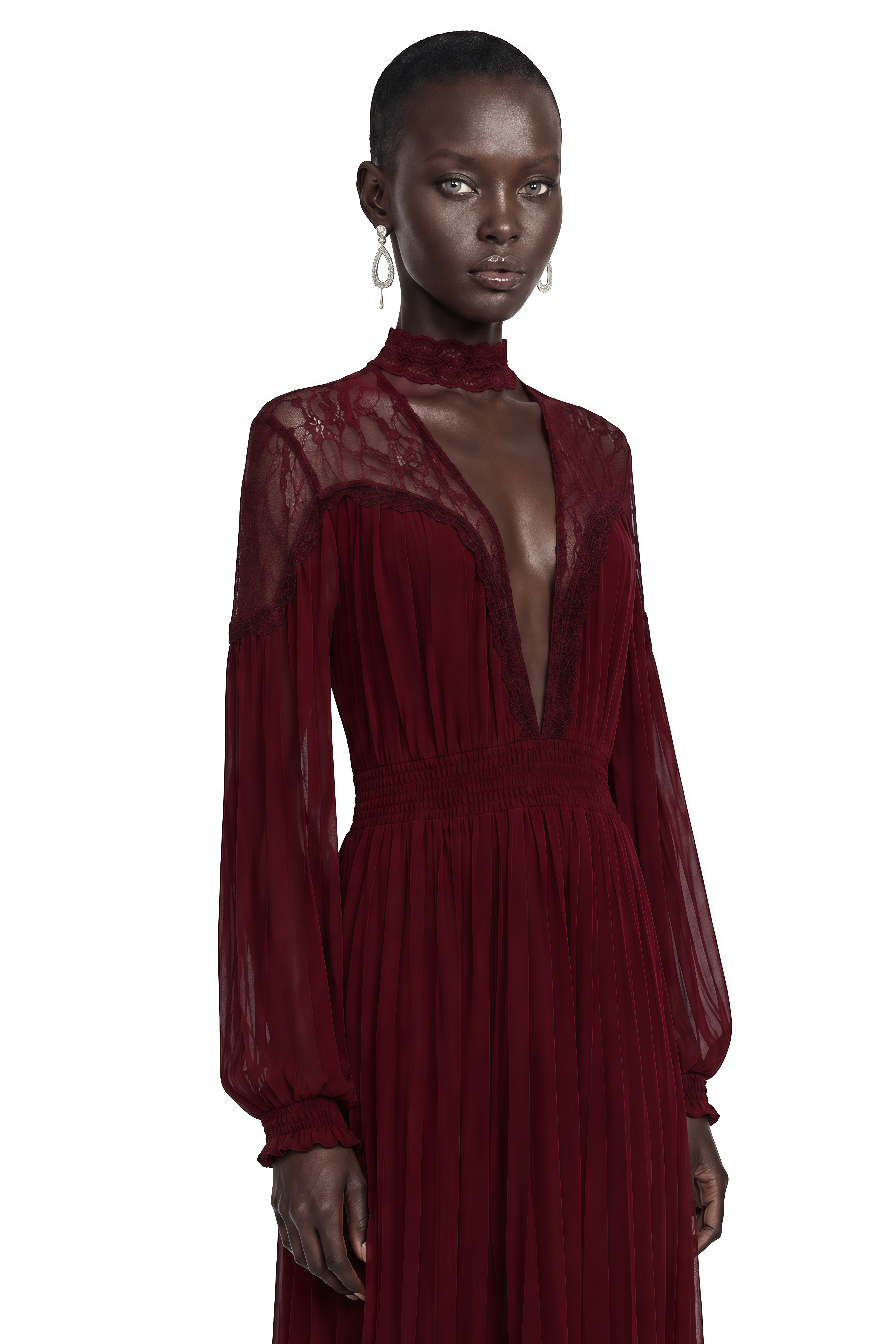 Margot Burgundy Lace-Panel Pleated Maxi Dress