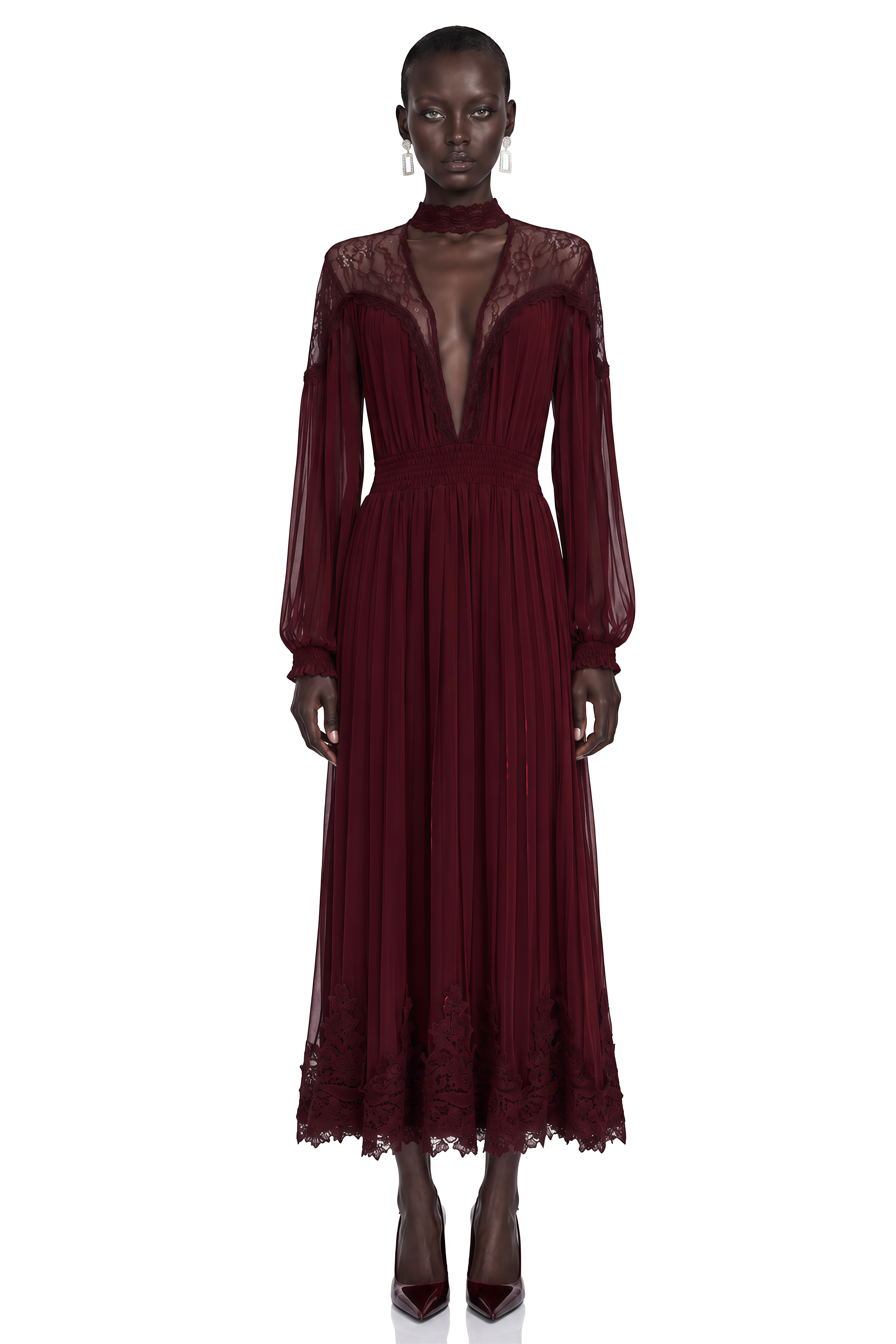 Margot Burgundy Lace-Panel Pleated Maxi Dress