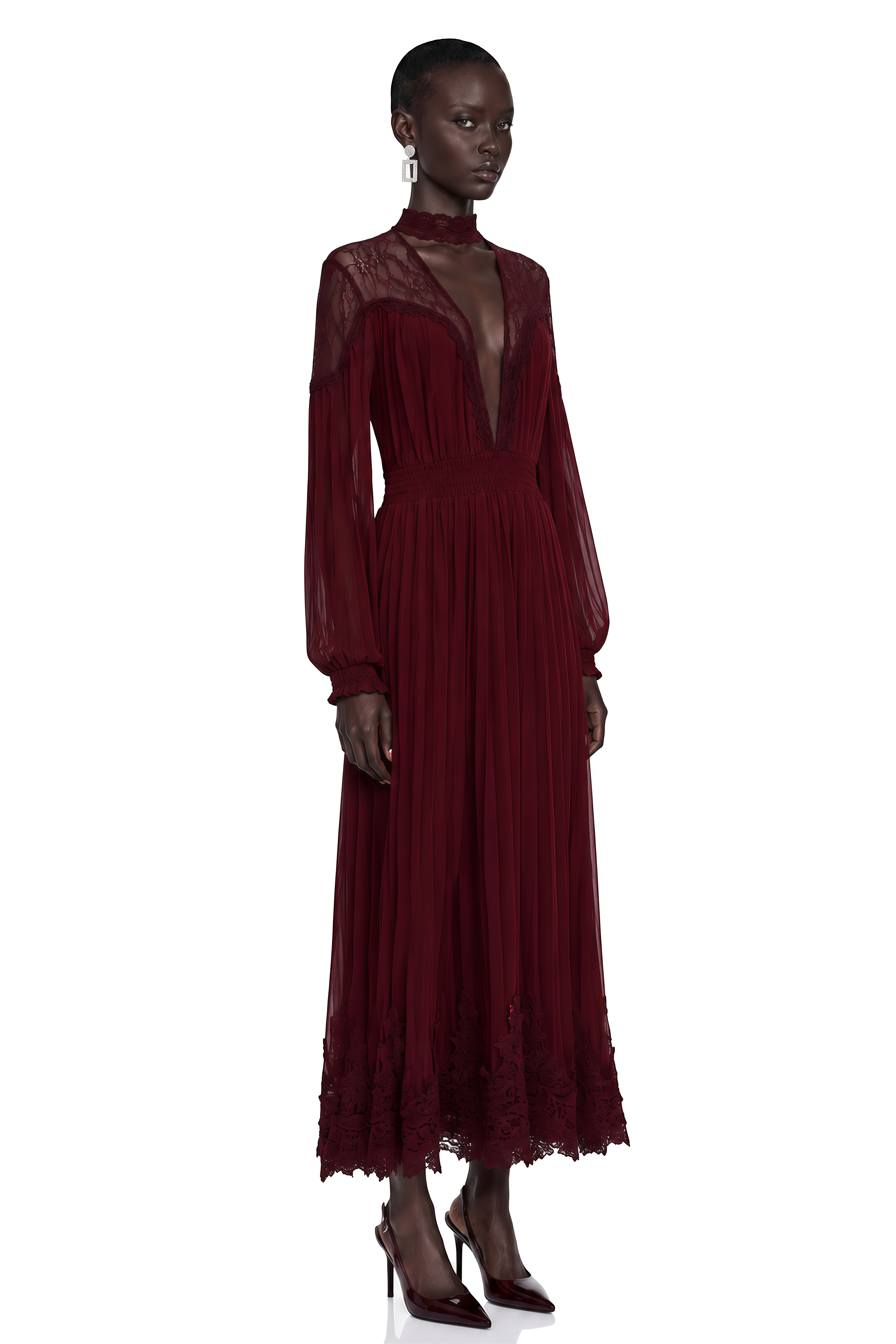 Margot Burgundy Lace-Panel Pleated Maxi Dress