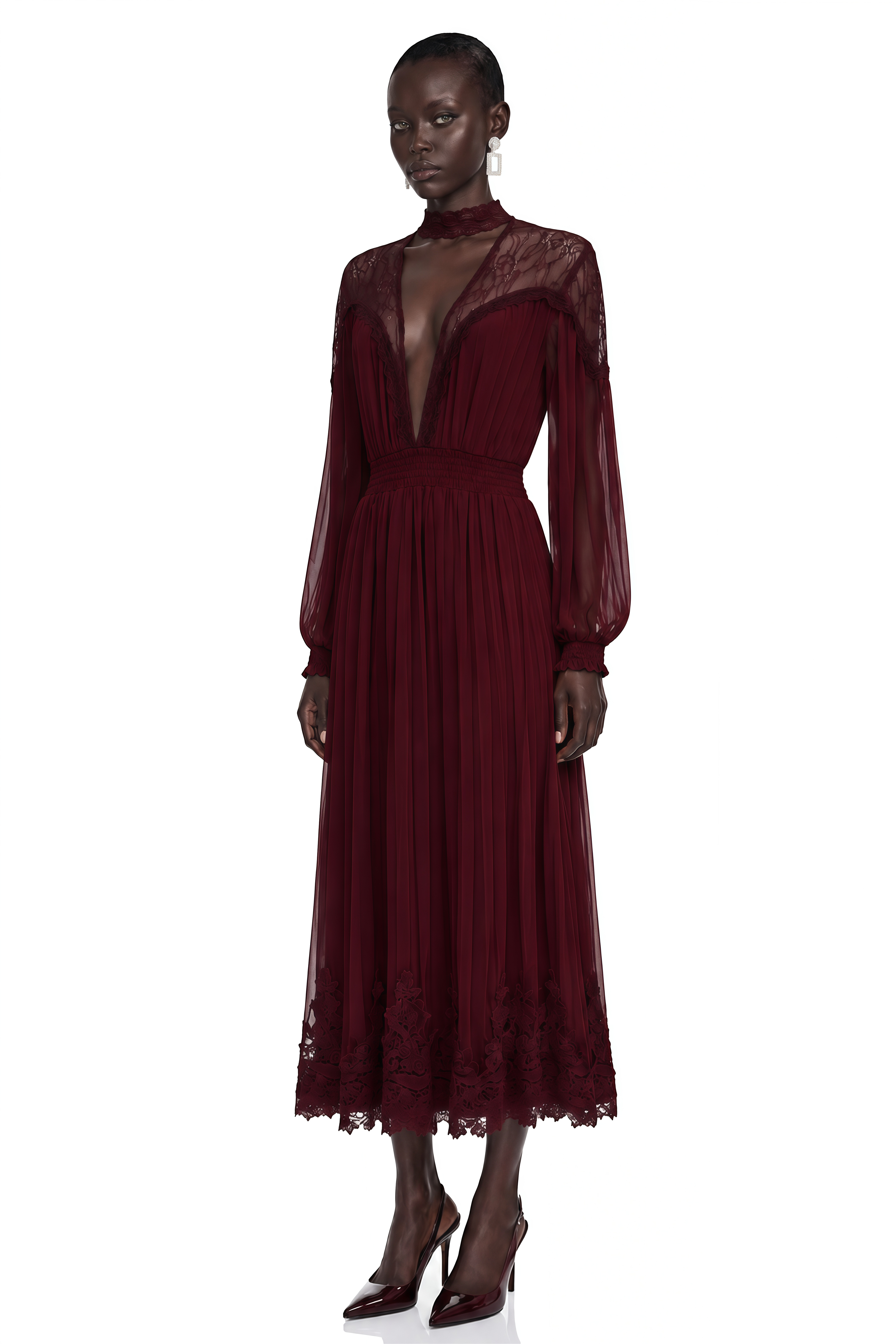 Margot Burgundy Lace-Panel Pleated Maxi Dress