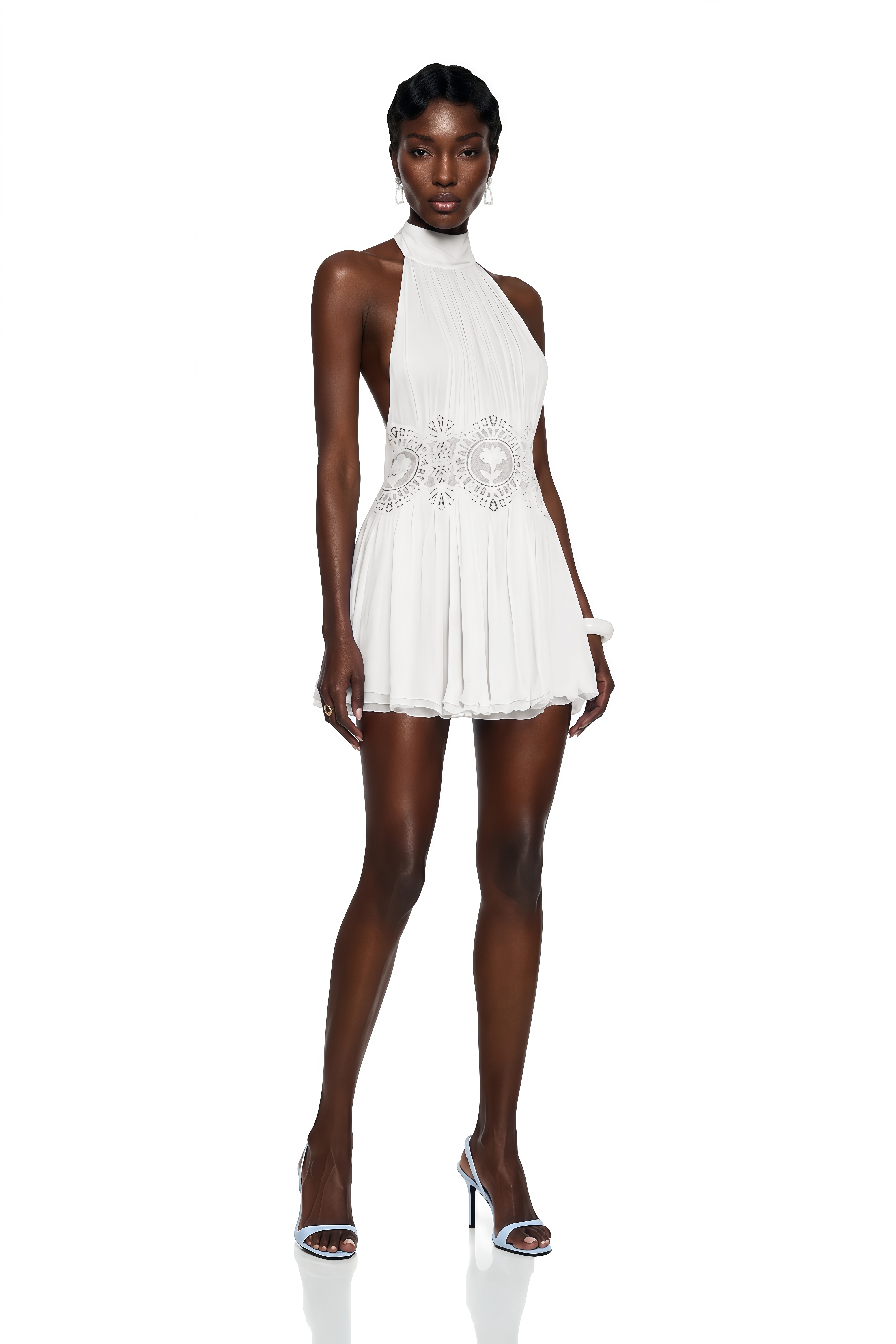 Mariana White Pleated Mini Dress with Lace Panels