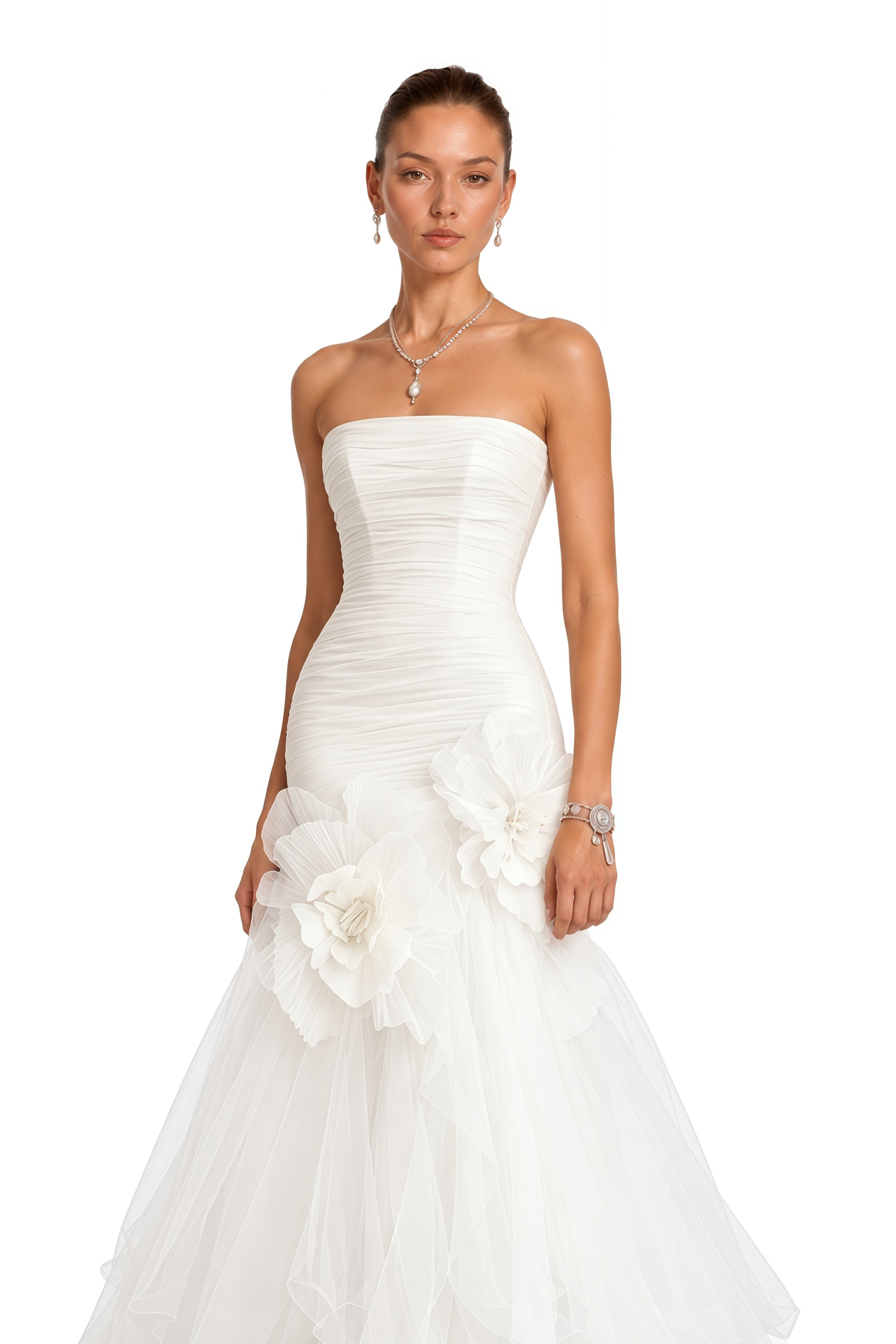 Maribel White Floral Applique Pleated Maxi Dress
