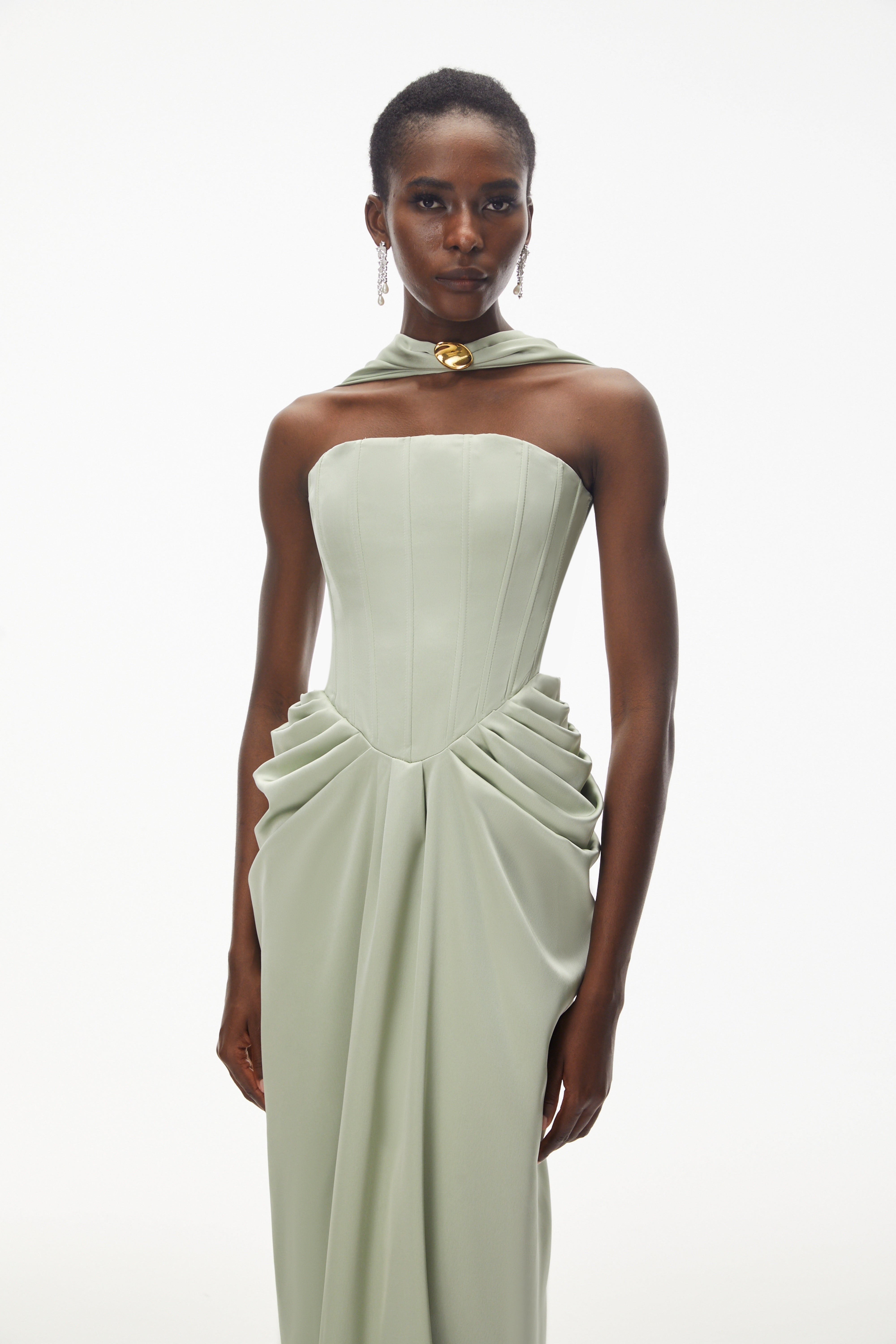 Green Halterneck Corset Maxi Gown