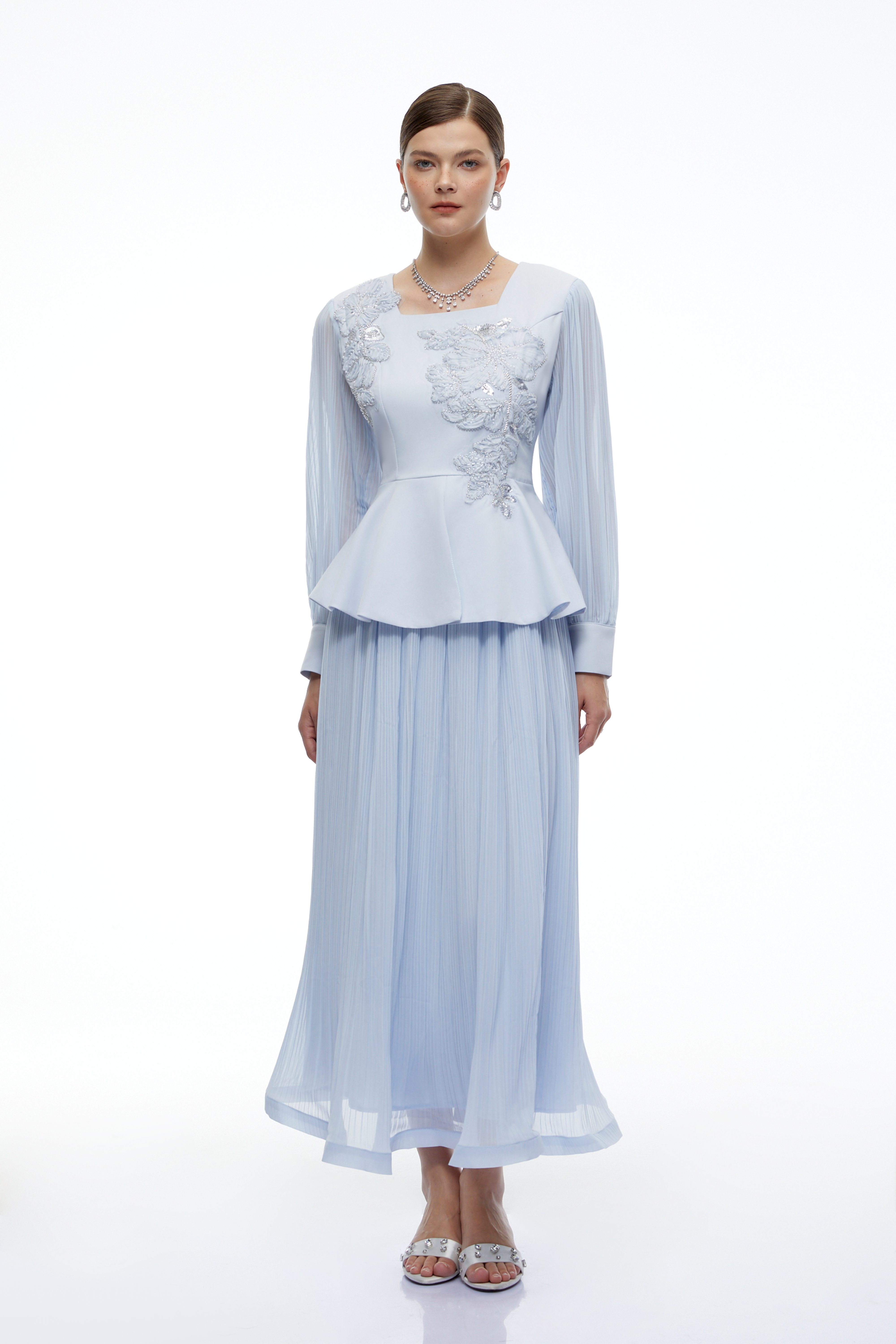 Marielle Blue Embroidered Peplum Top & Skirt Set