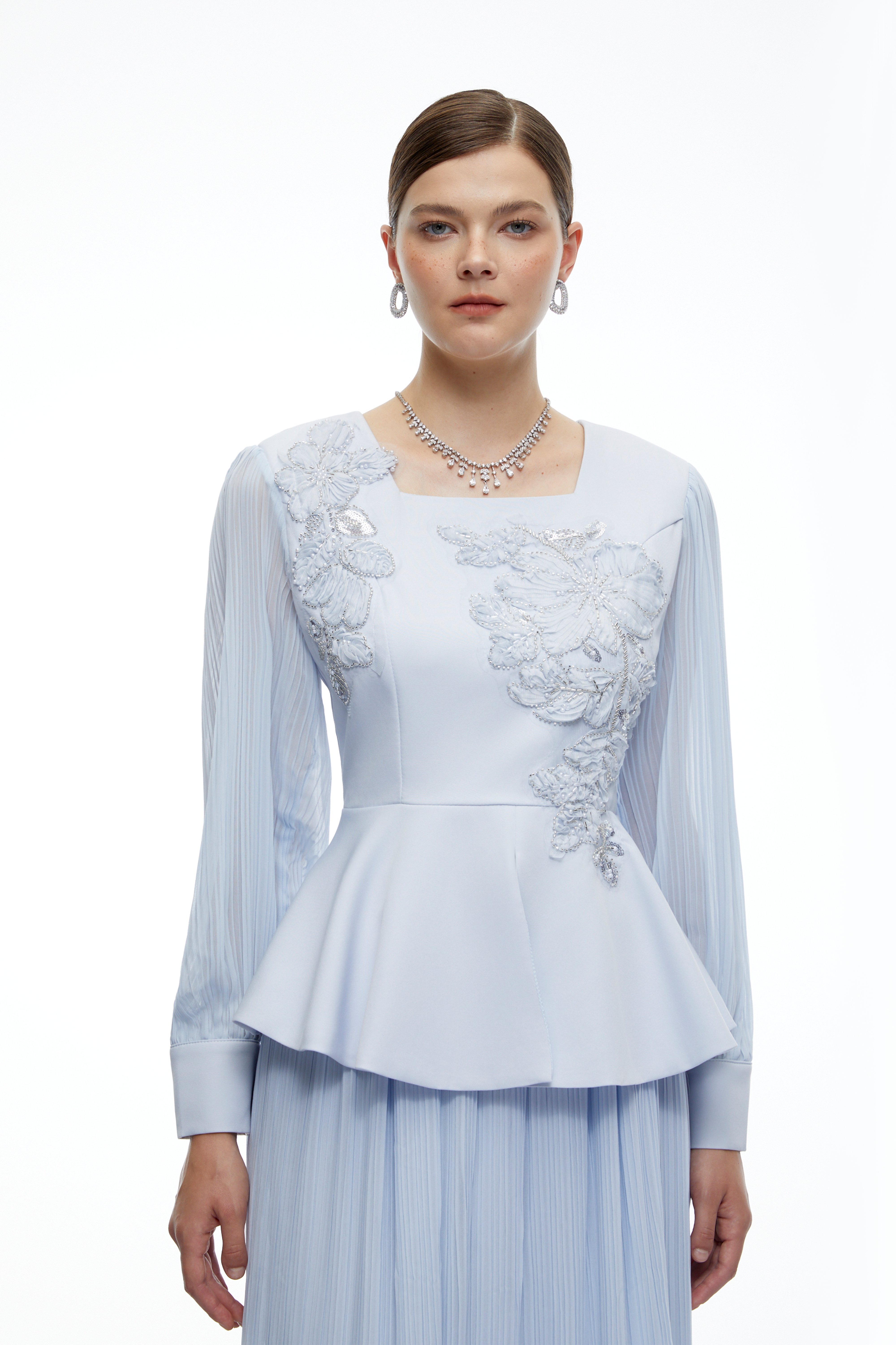 Marielle Blue Embroidered Peplum Top & Skirt Set