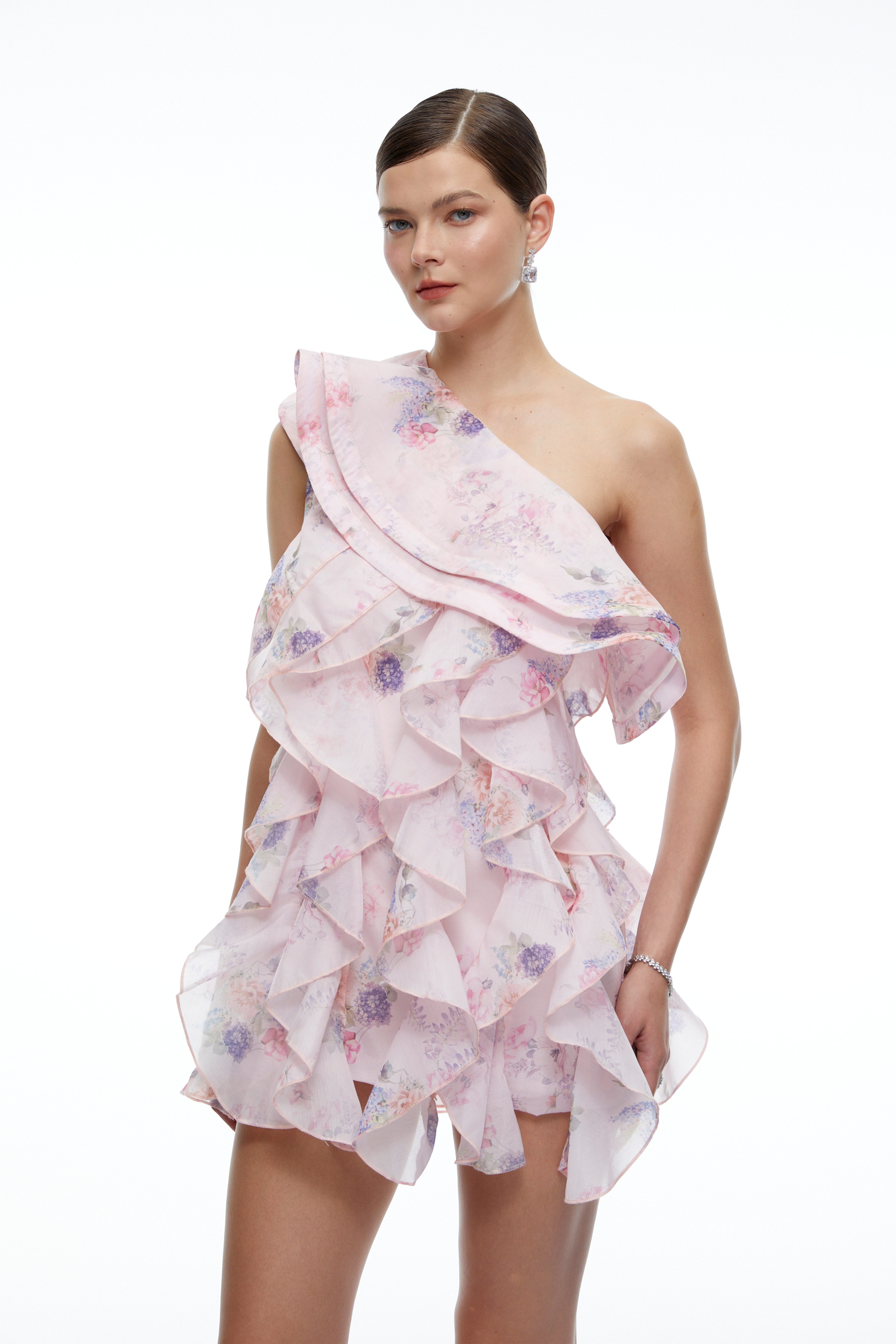 Marielle Pink Floral Print One-Shoulder Ruffle Mini Dress