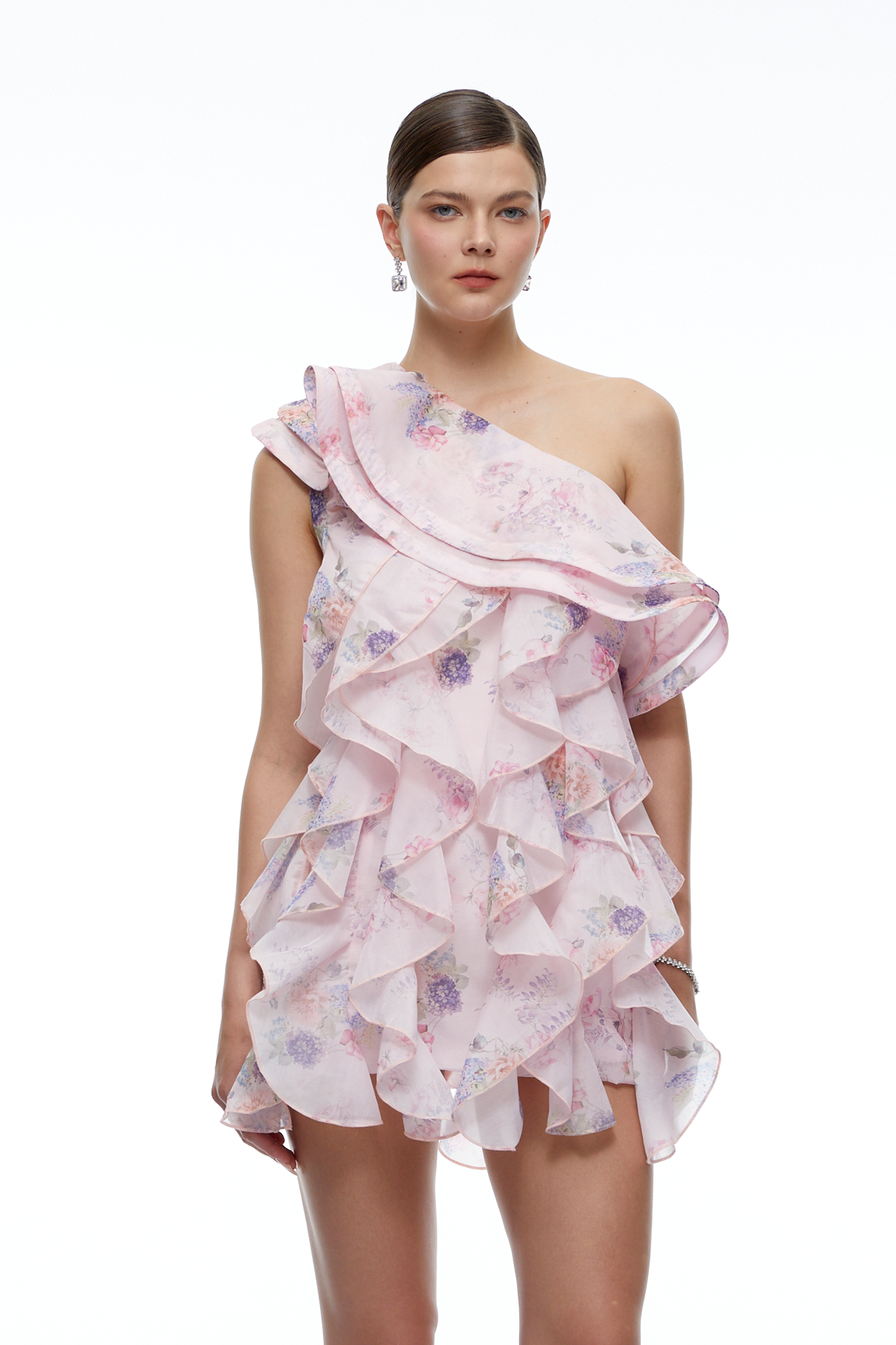Marielle Pink Floral Print One-Shoulder Ruffle Mini Dress