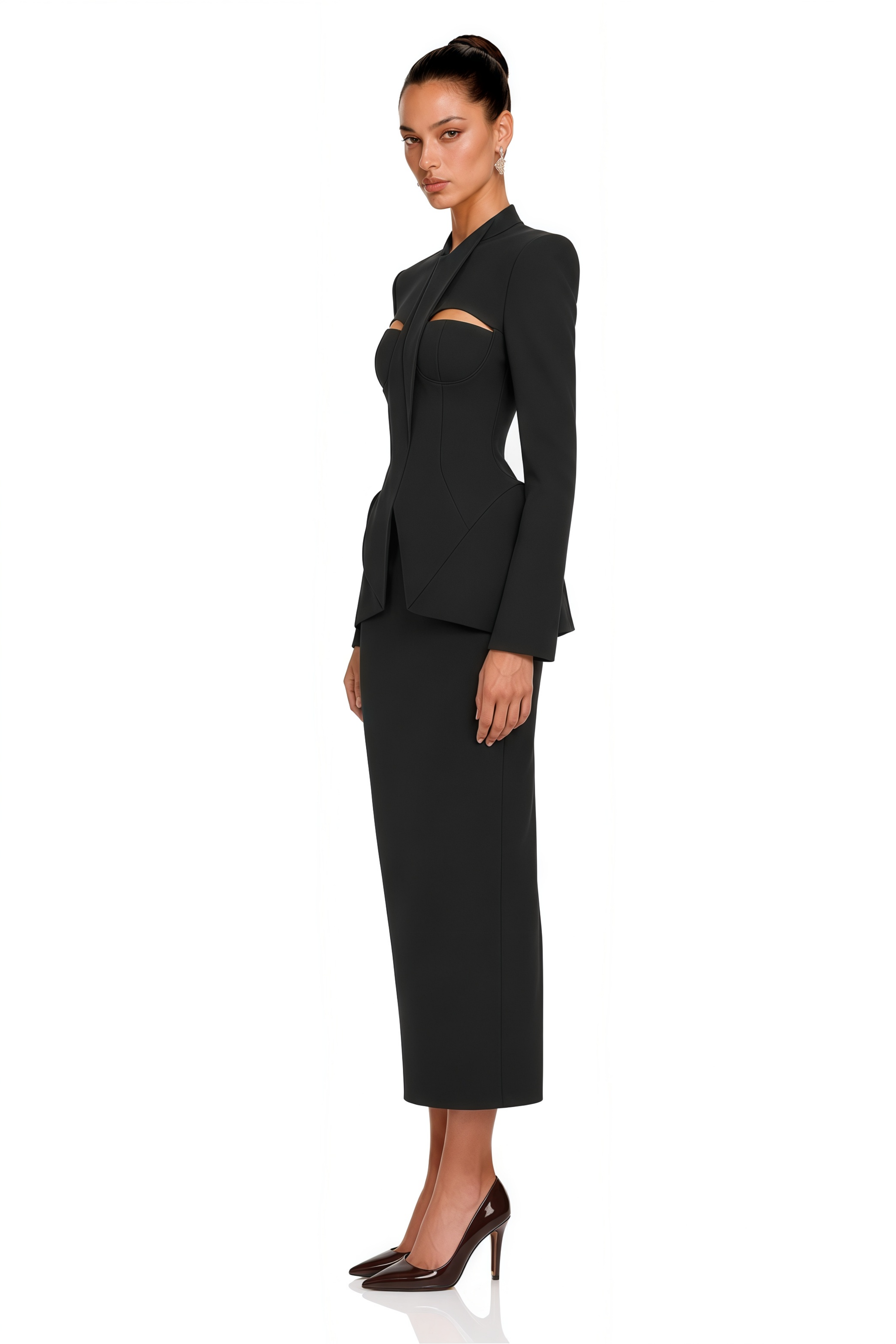 Marietta Black Structured Blazer & Pencil Midi Skirt Set