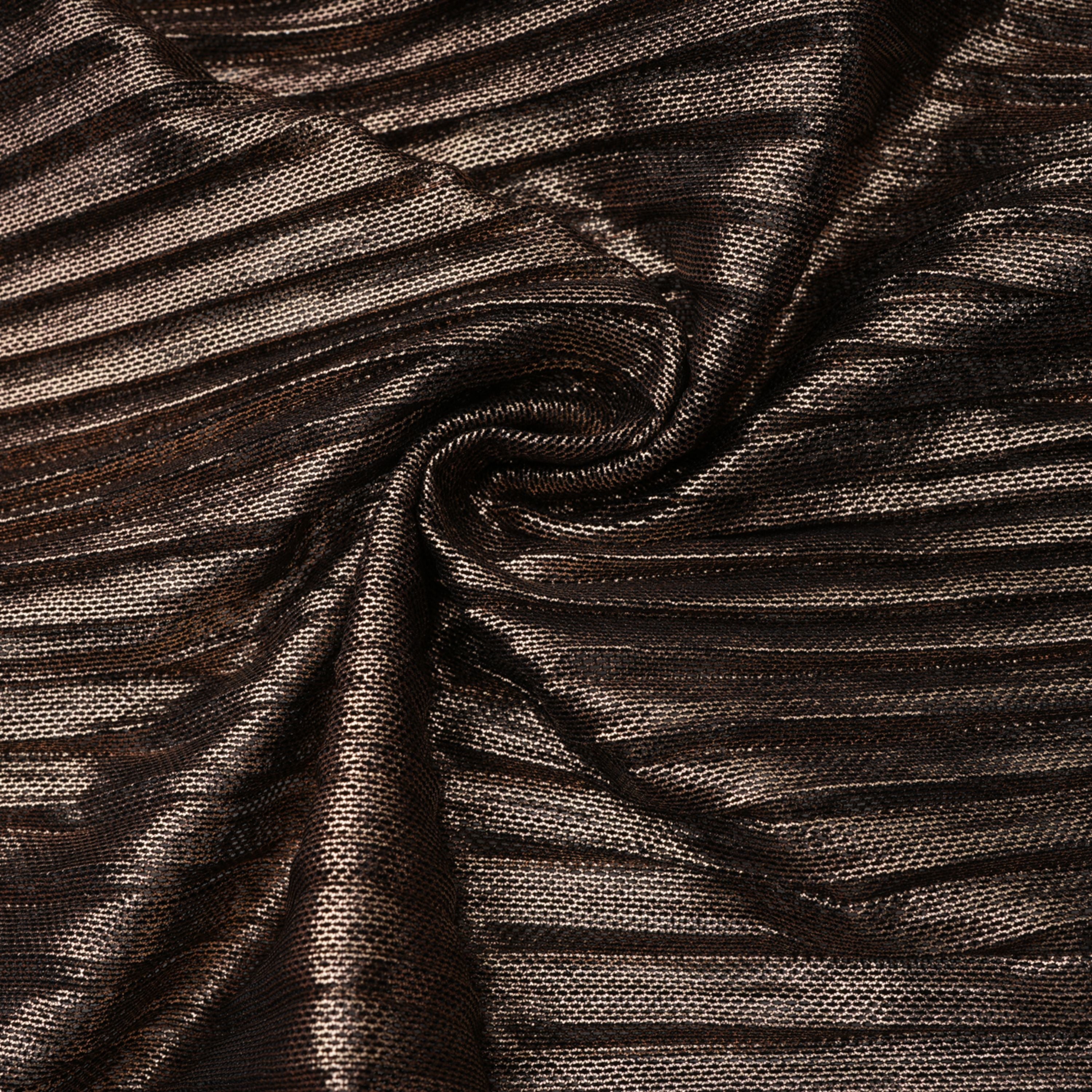 Bronze metallic plissé maxi dress with a plunging V-neckline and off-the-shoulder straps