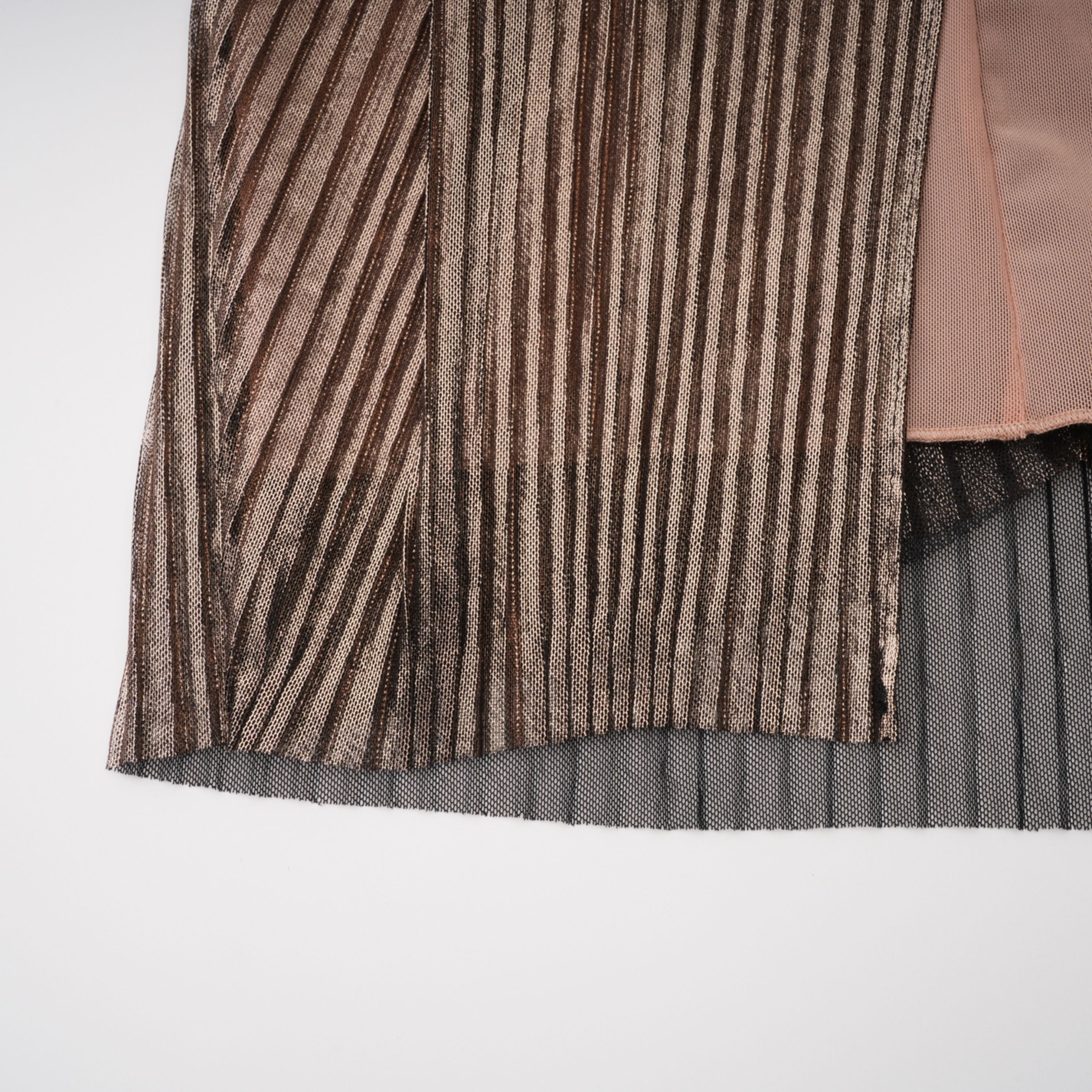 Bronze metallic plissé maxi dress with a plunging V-neckline and off-the-shoulder straps