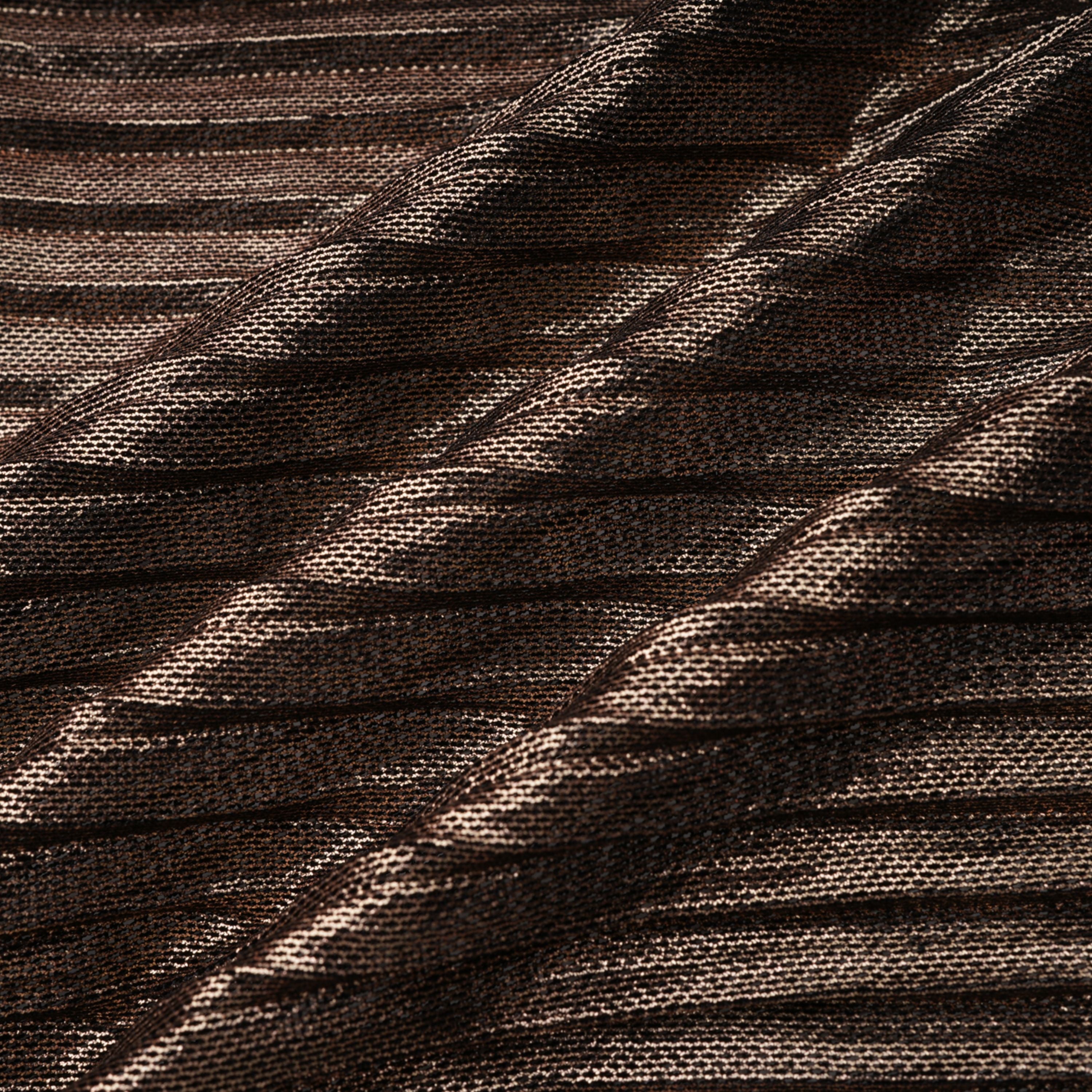 Bronze metallic plissé maxi dress with a plunging V-neckline and off-the-shoulder straps