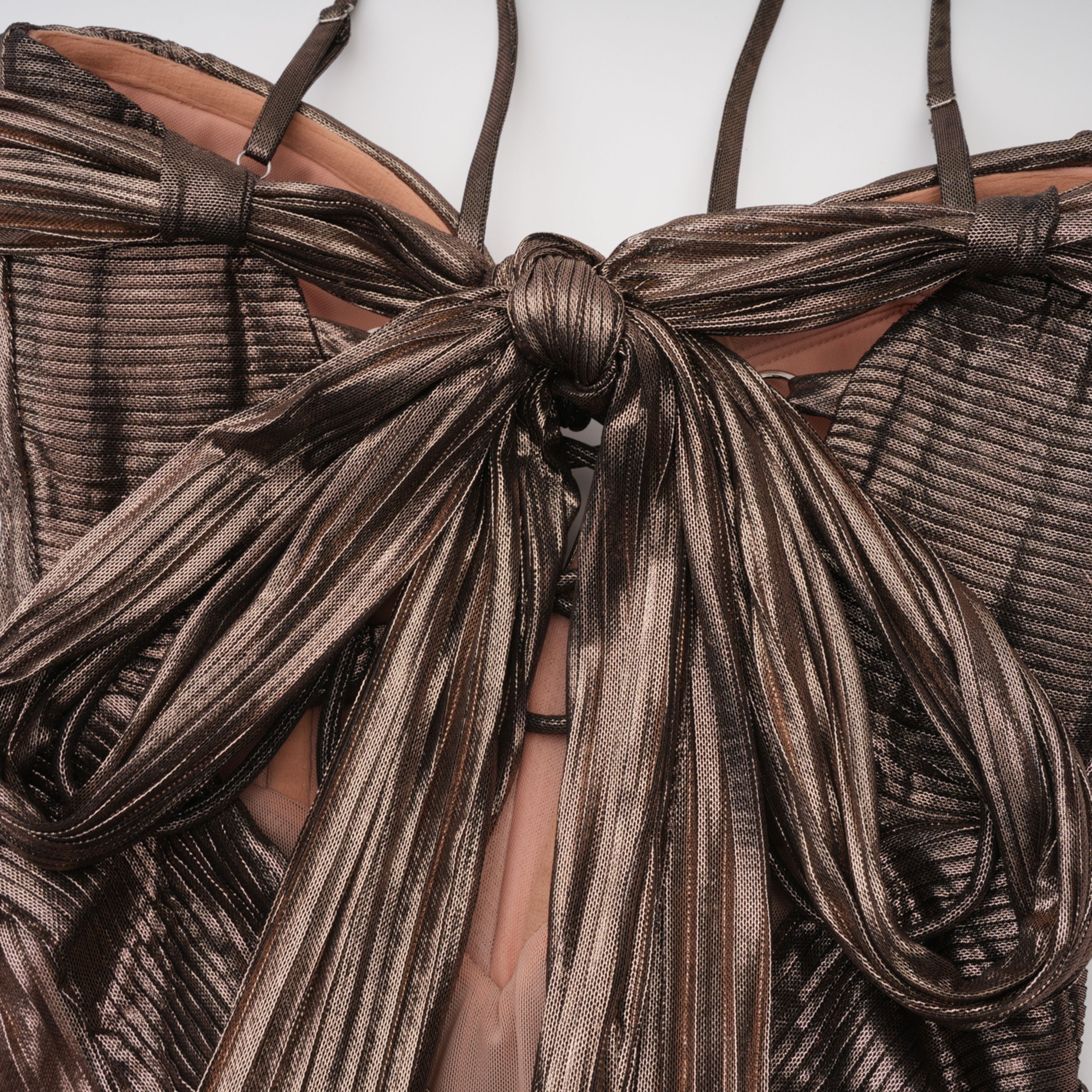 Bronze metallic plissé maxi dress with a plunging V-neckline and off-the-shoulder straps