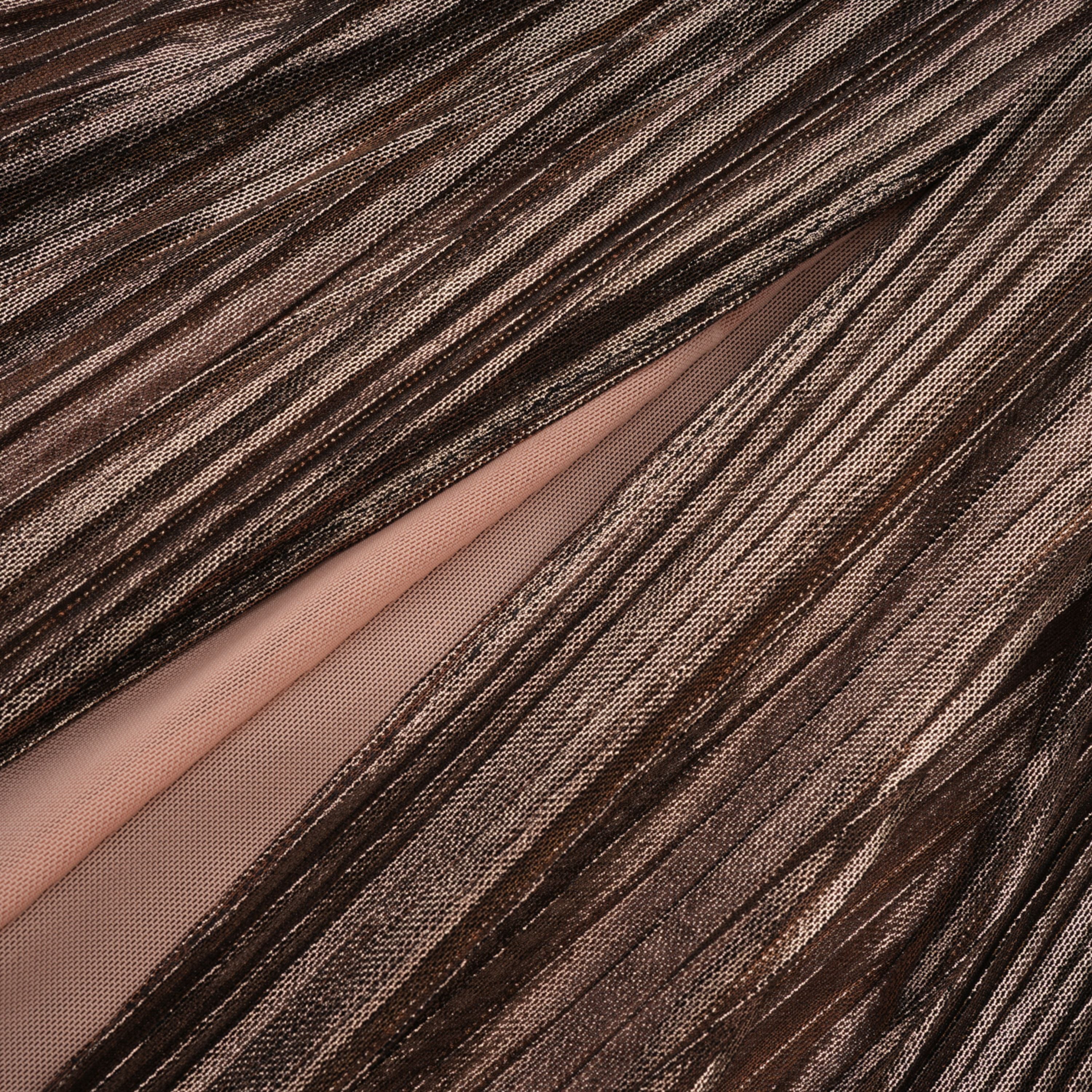Bronze metallic plissé maxi dress with a plunging V-neckline and off-the-shoulder straps
