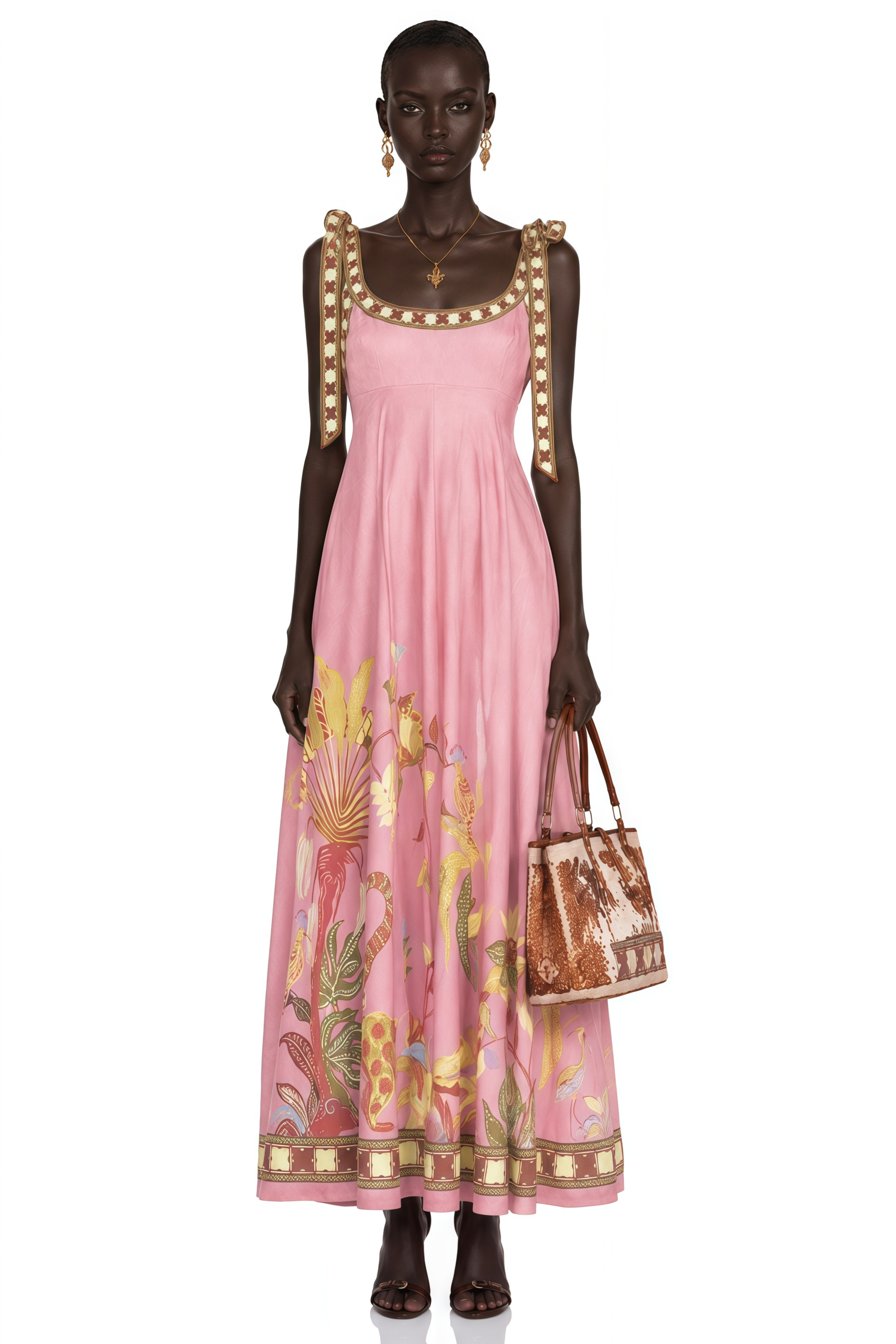 Pink printed scoop-neck maxi dress with embroidered tie straps