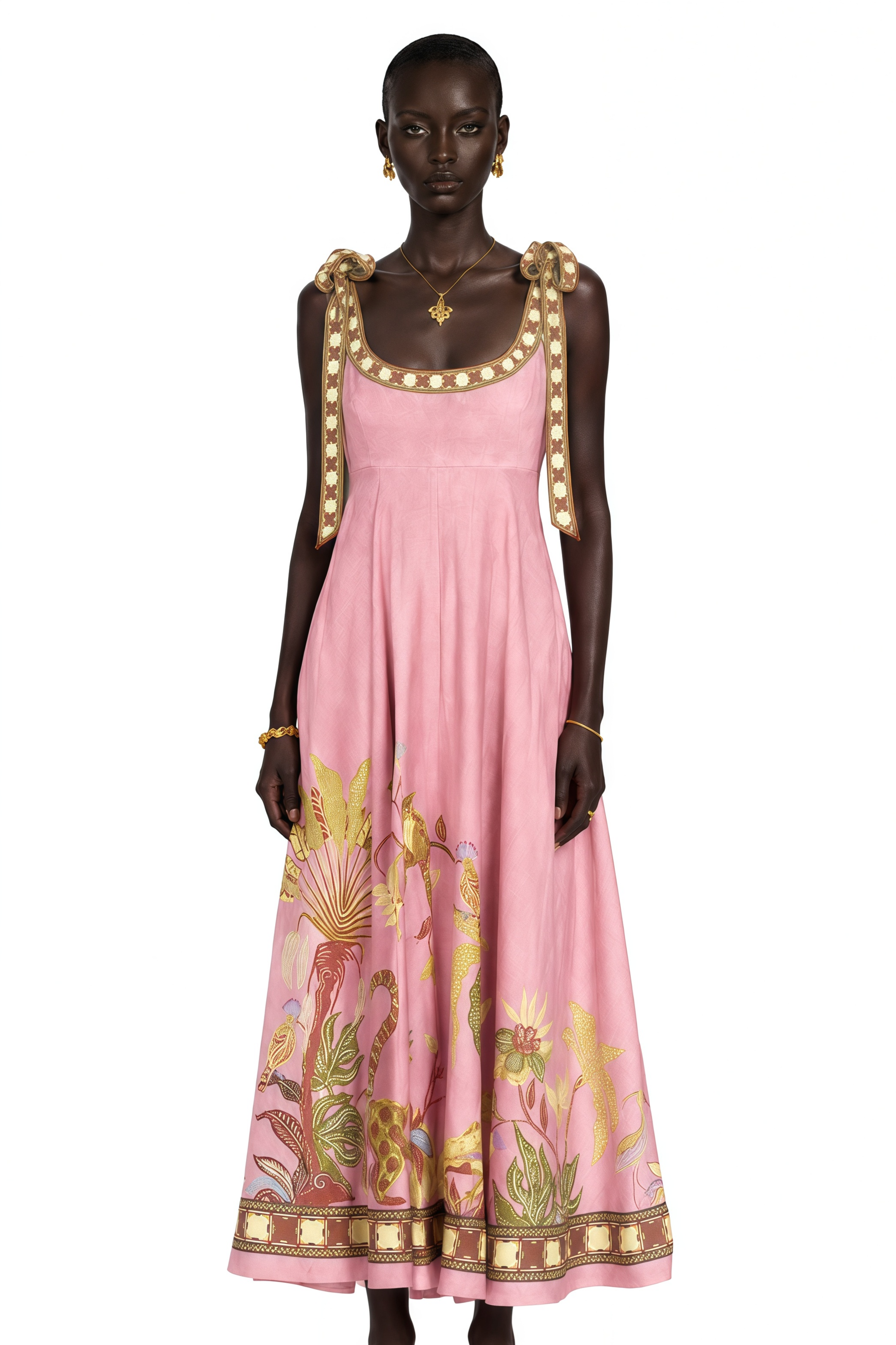 Pink printed scoop-neck maxi dress with embroidered tie straps