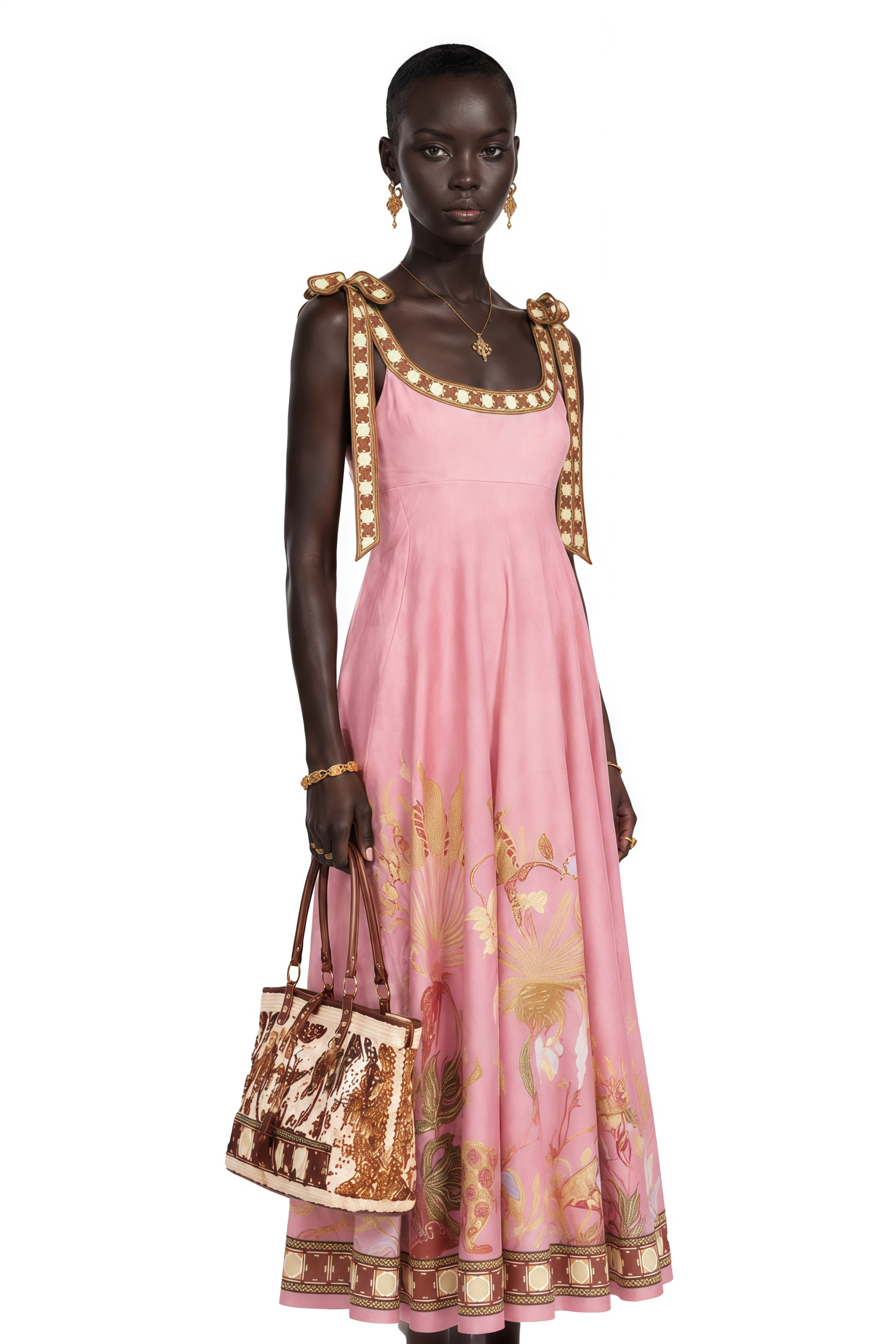 Pink printed scoop-neck maxi dress with embroidered tie straps