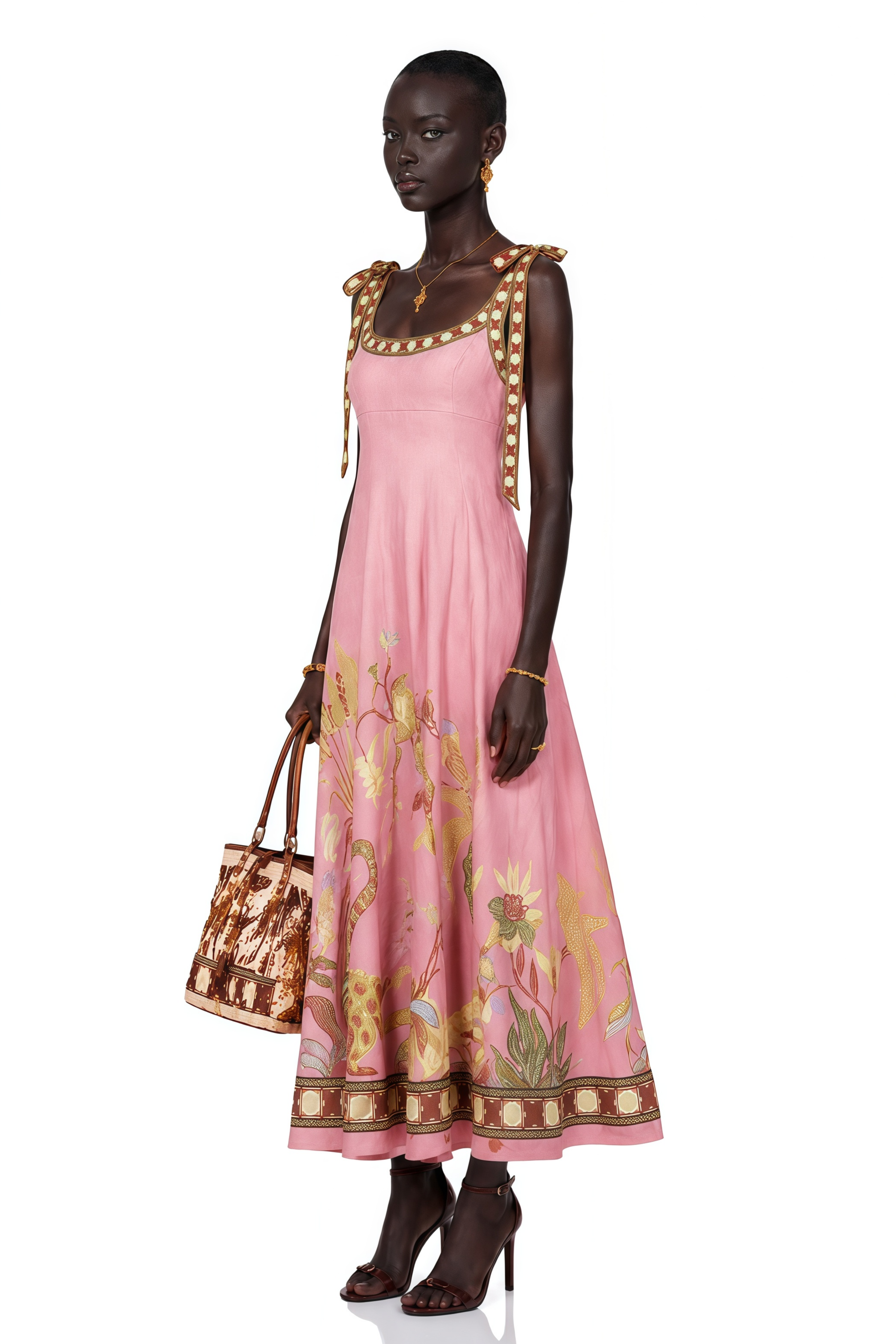 Pink printed scoop-neck maxi dress with embroidered tie straps