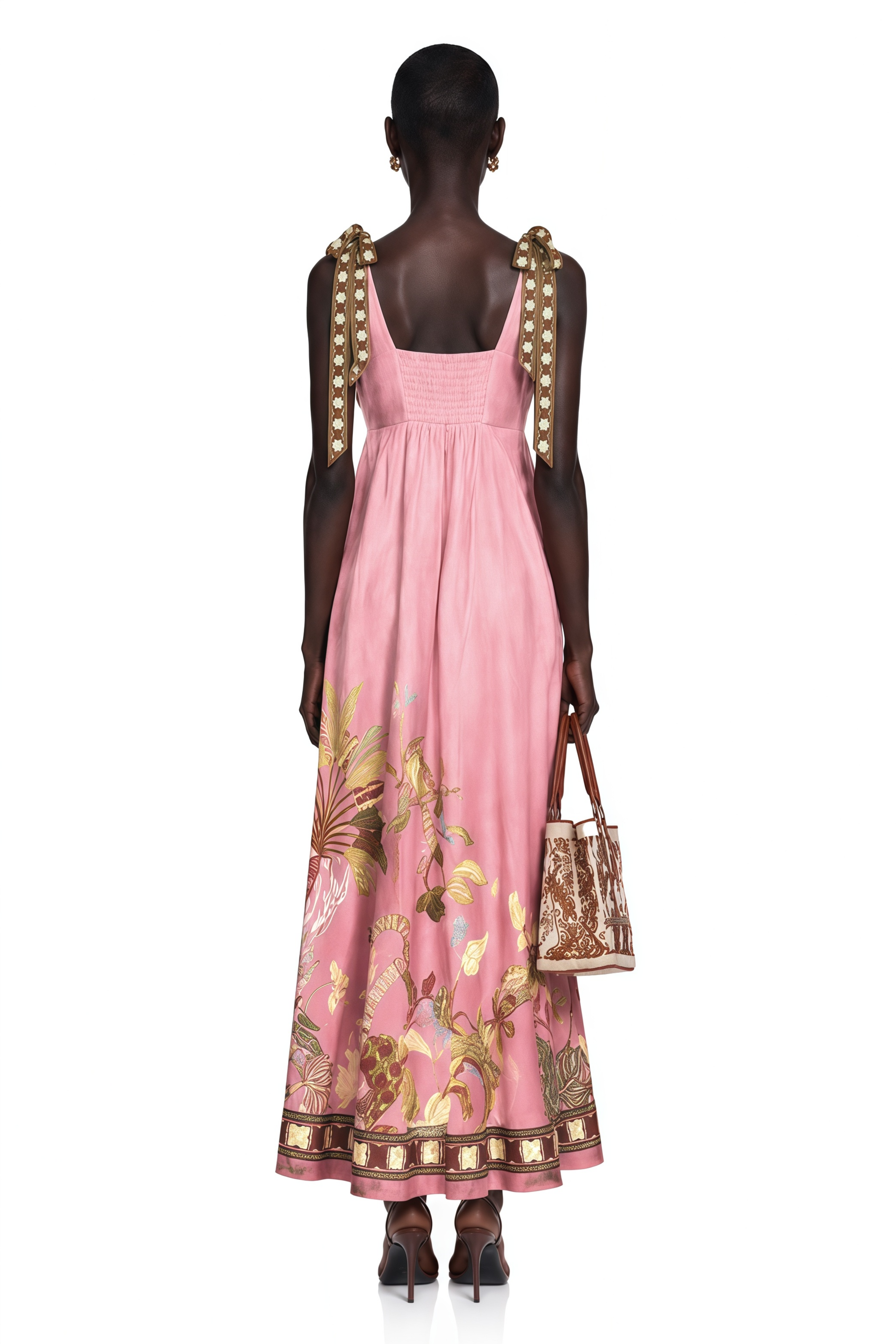 Pink printed scoop-neck maxi dress with embroidered tie straps