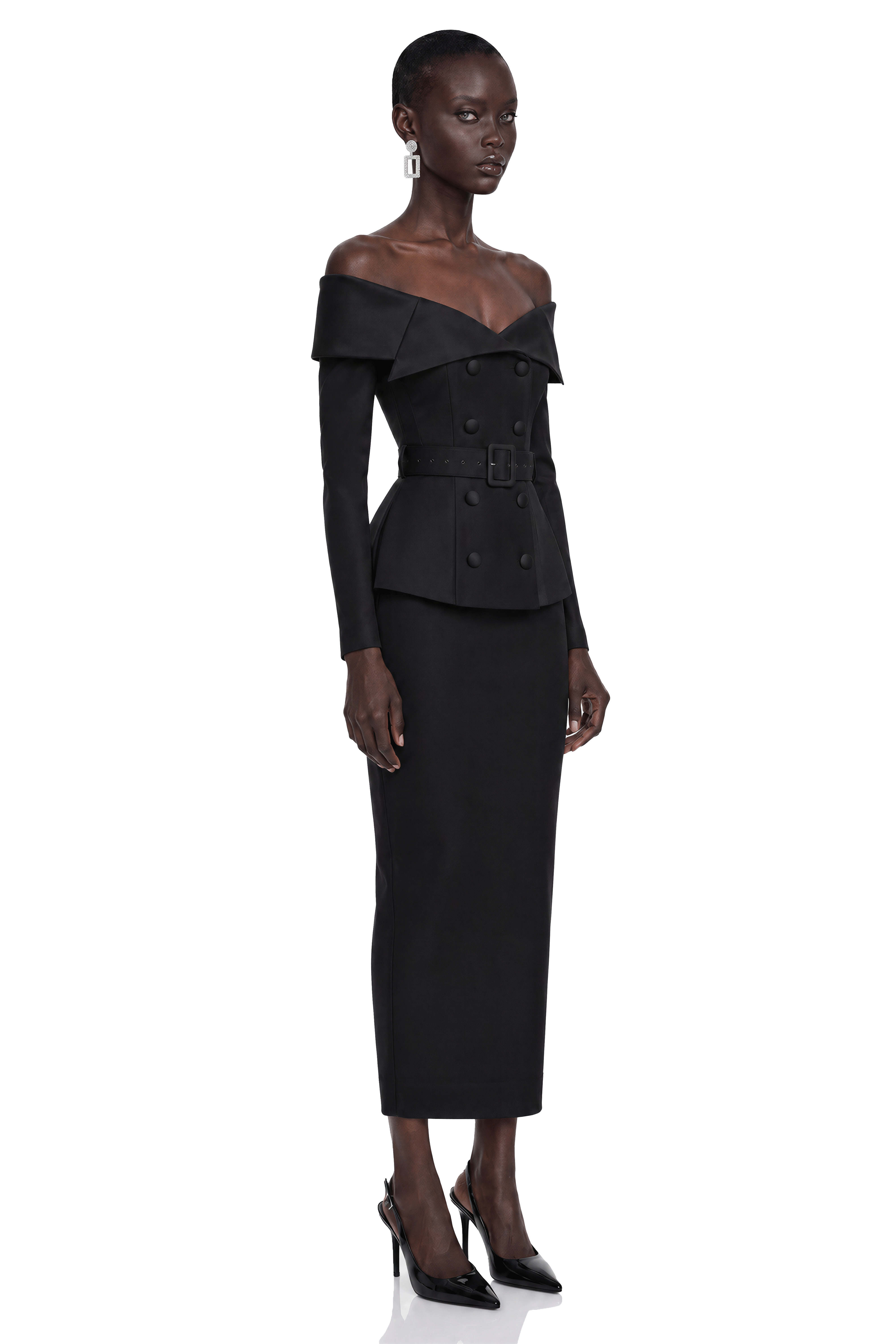 Maristella Black Off Shoulder Belted Blazer & Midi Skirt Set