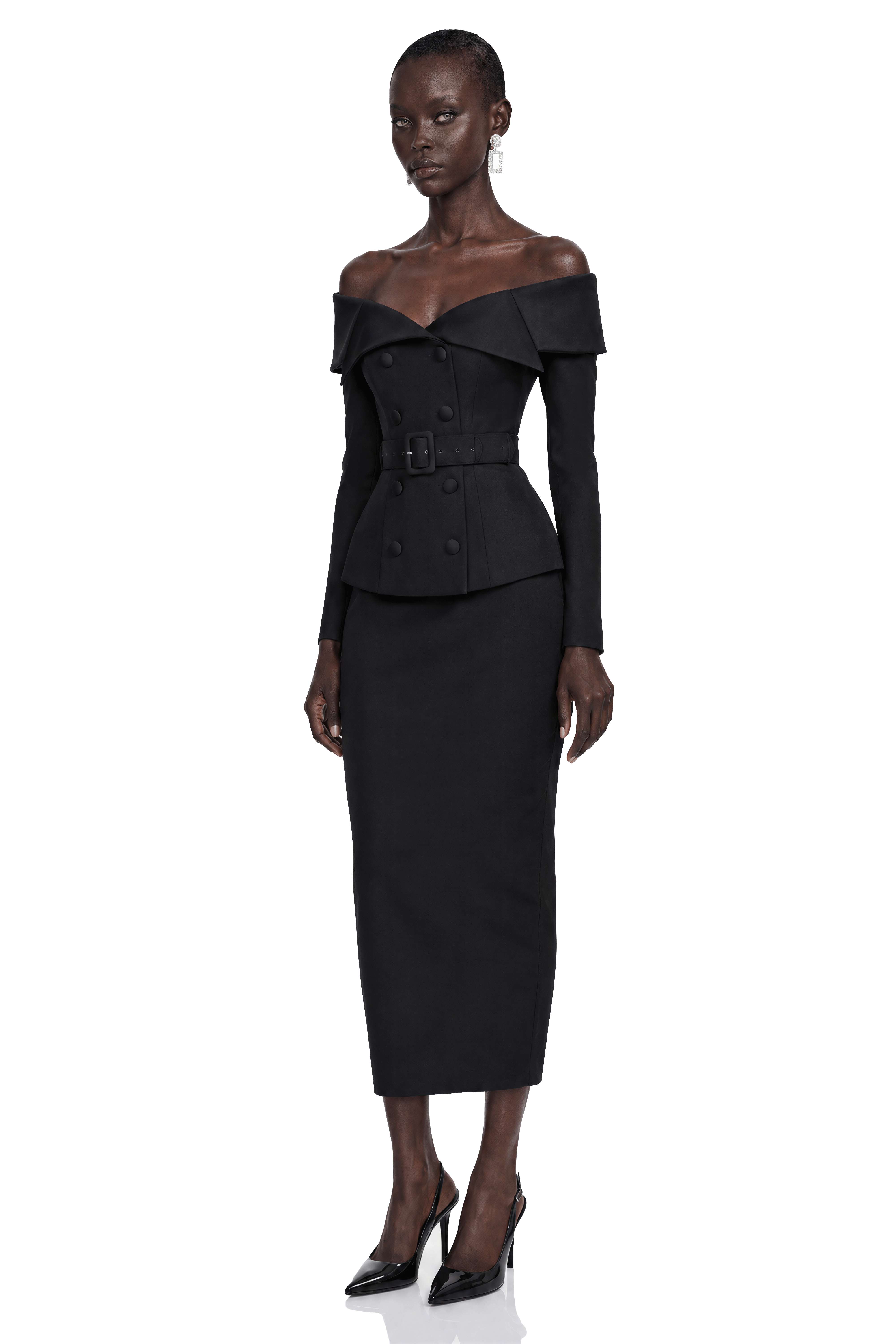 Maristella Black Off Shoulder Belted Blazer & Midi Skirt Set