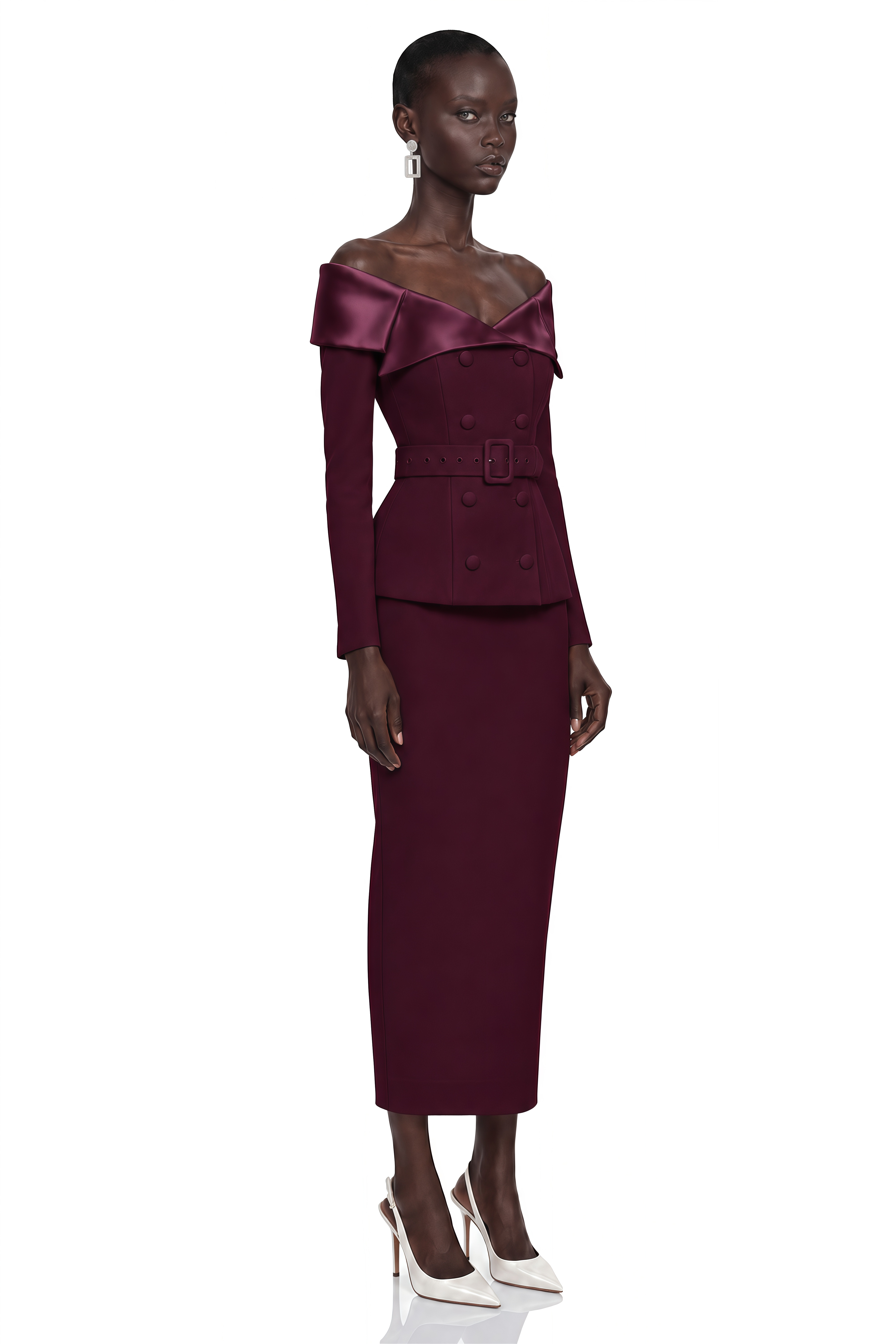 Maristella Burgundy Off Shoulder Belted Blazer & Midi Skirt Set