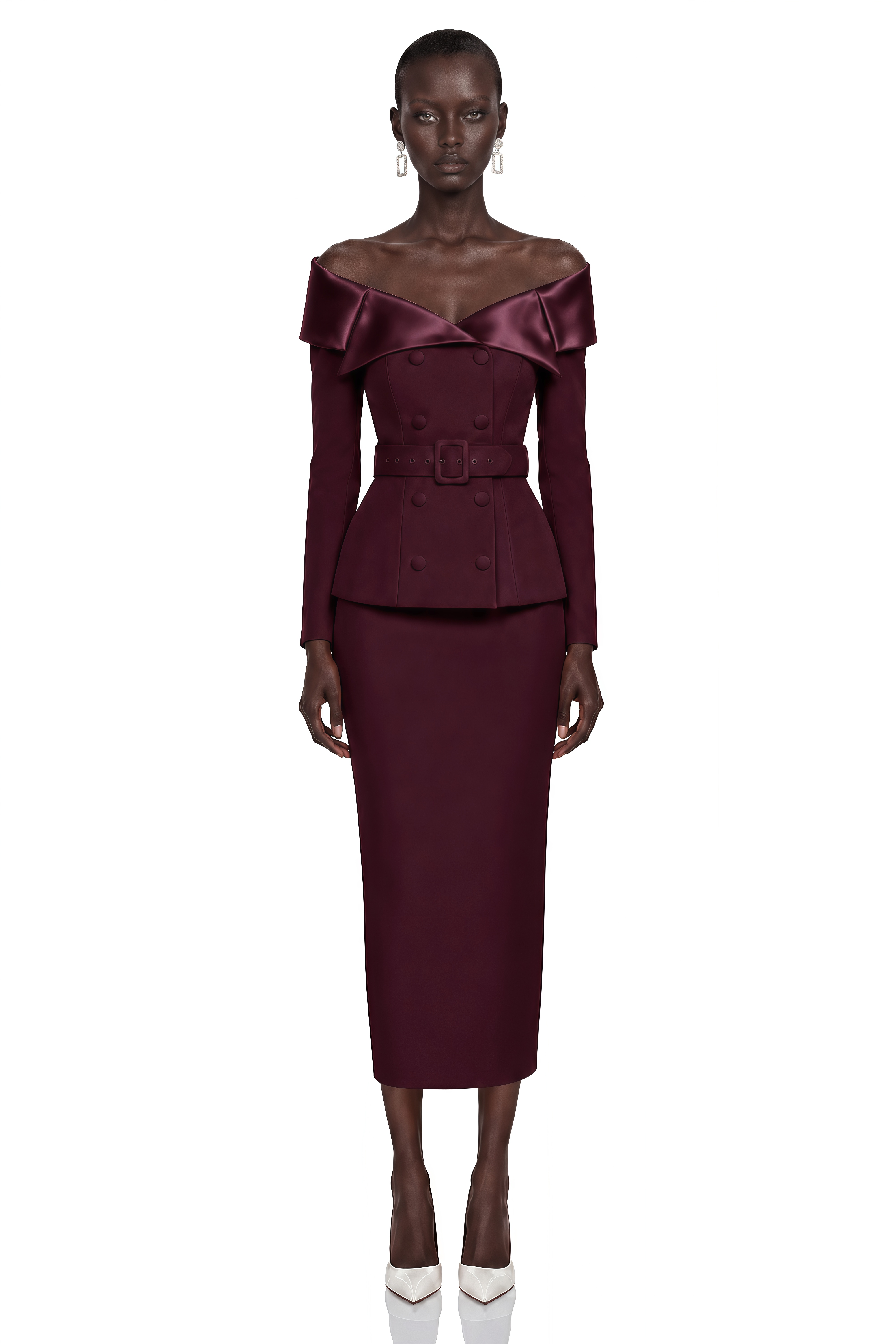 Maristella Burgundy Off Shoulder Belted Blazer & Midi Skirt Set