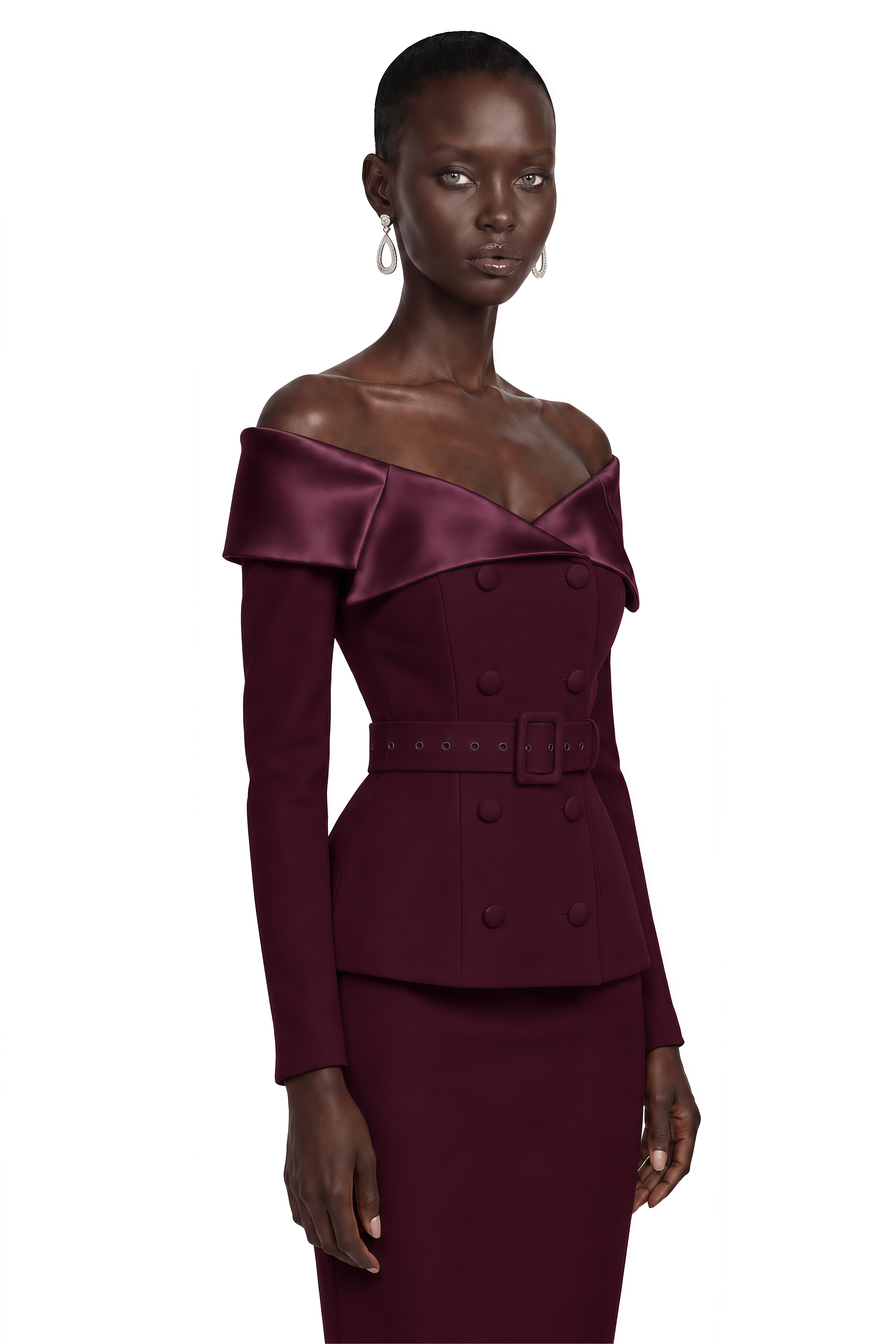 Maristella Burgundy Off Shoulder Belted Blazer & Midi Skirt Set